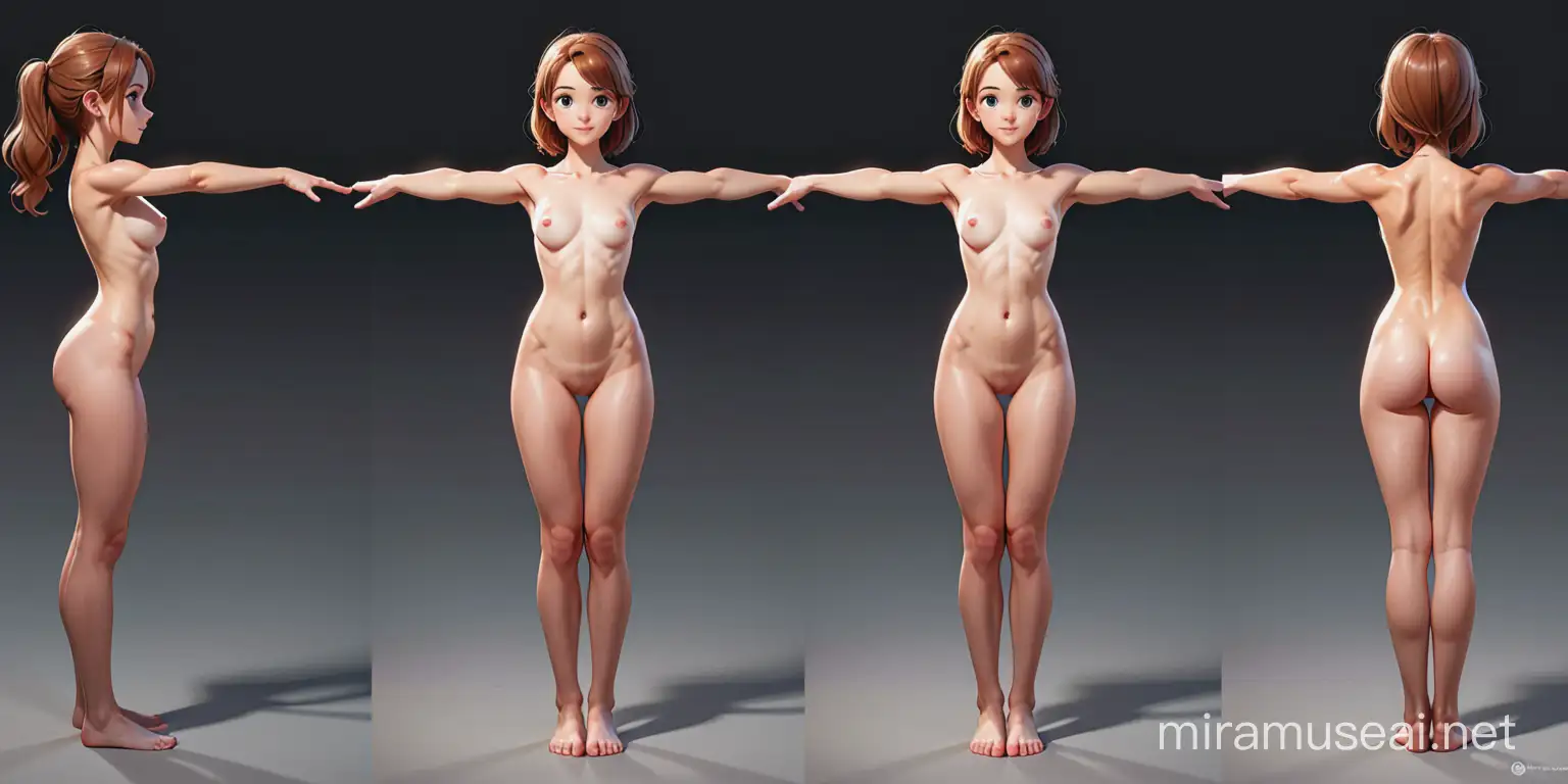 character model sheet, multiple views, orthographic, symmetrical, full body, arms outstretched, turnaround, facing toward the camera, facing to the right of the camera, facing away from the camera, girl, cute, nude