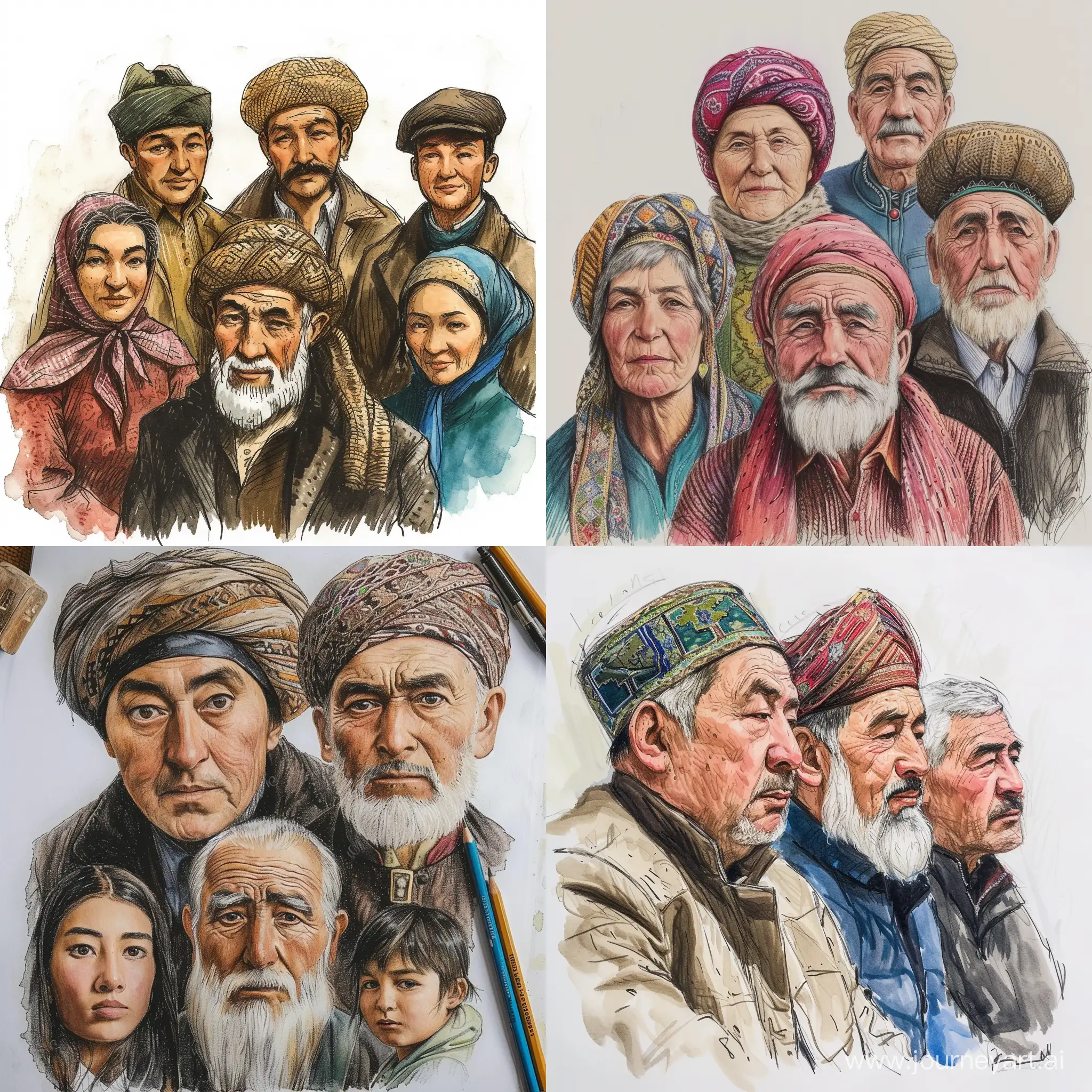 draw a picture of Uzbek people who lives in Andijan with traditional hat