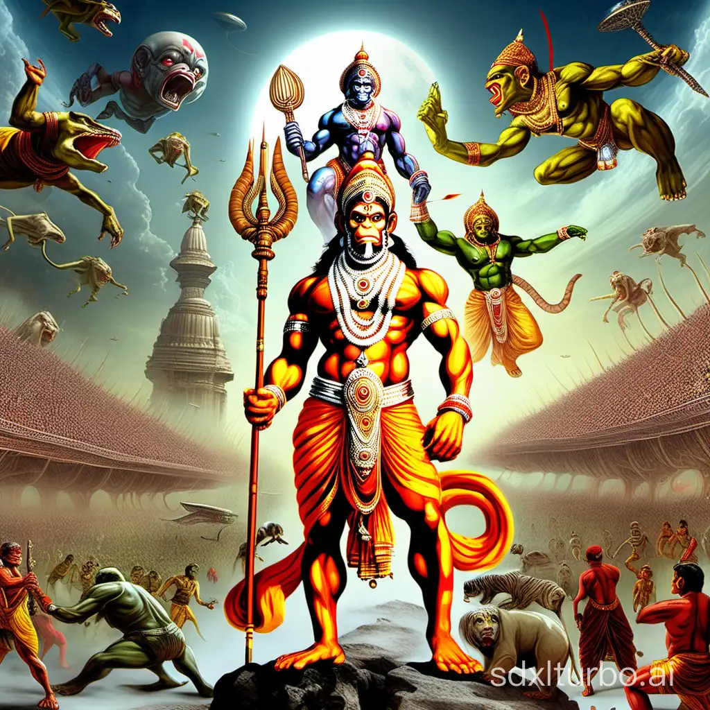 Lord Hanuman in futuristic battle field with old Indian traditional clothes, in the background you have all the wiped out animal species with alien