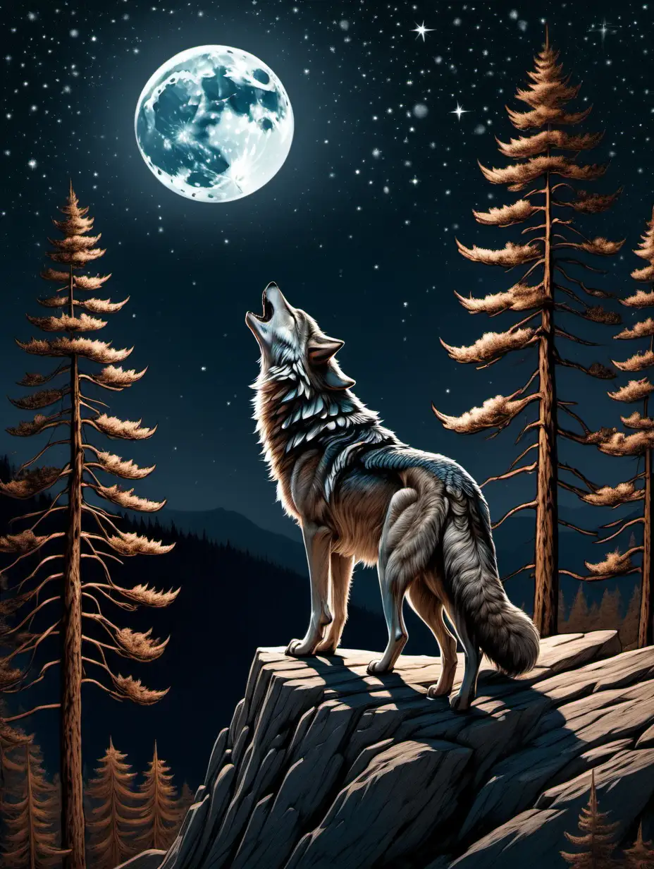 Majestic Wolf Howling at Moon on Cliff Amidst Lit Pine Trees