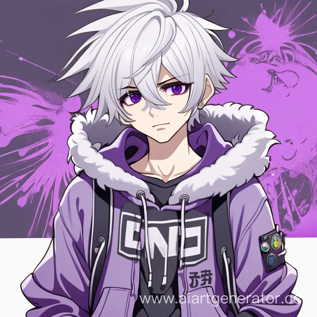 cute 2D Anime character boy, white hair, cool messy hairstyle, purple eyes, cool hoodie and accessories