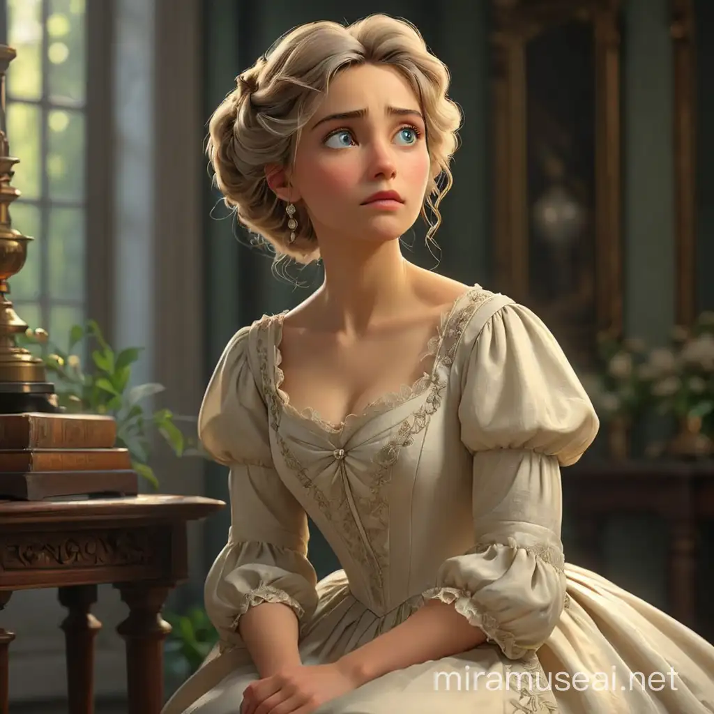 Poetess Zinaida Gippius is pensive and looks up. We see her full height, see her hands and feet. She brings one hand up to her face, looking mysterious. Dressed in a late 19th century light-colored dress, her hair is arranged in a coiffure. In realism style, 3D animation.