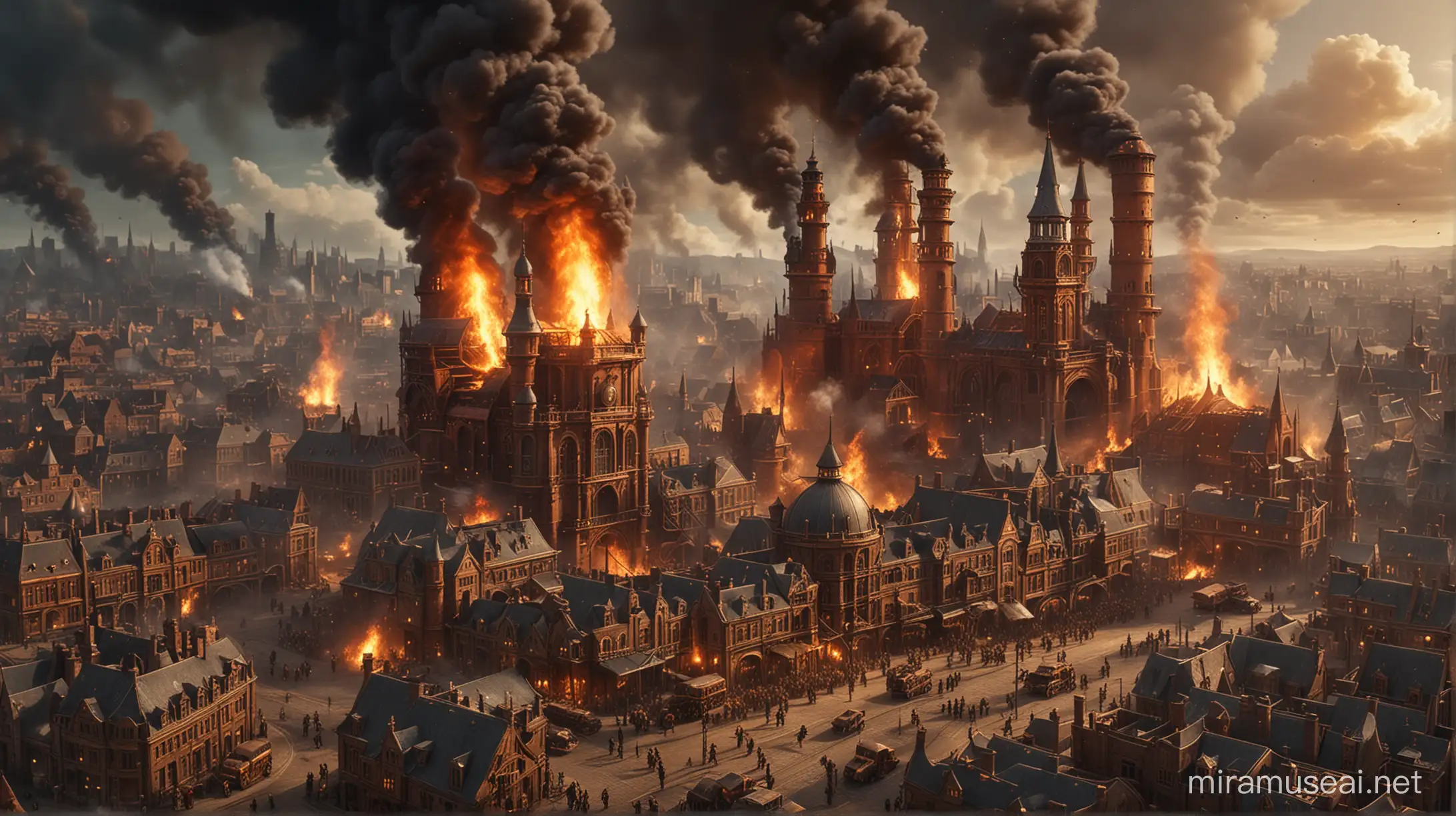 great fire in a steampunk city built of copper and gold. many fire brigades. much steamp and smoke. it gets dark.