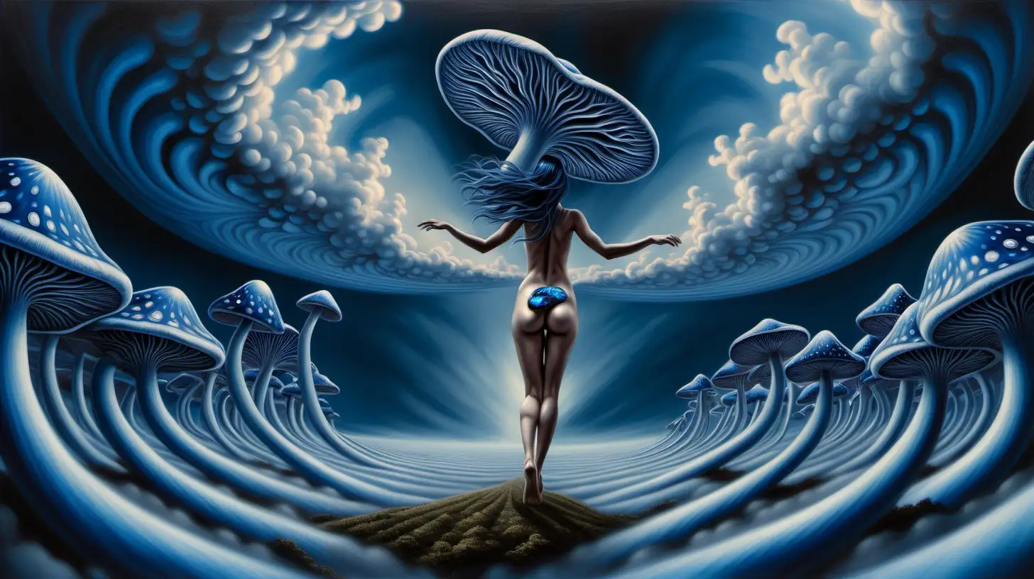 Psychedelic indigo swirling sky with dramatic , blue diamond fractal mushrooms extending from the ground up to the sky on right and left, nude female figure floating in mid air facing away from viewer with clouds under her feet and up towards the sky with arms extended, hyper realistic, moody, ethereal and euphoric

