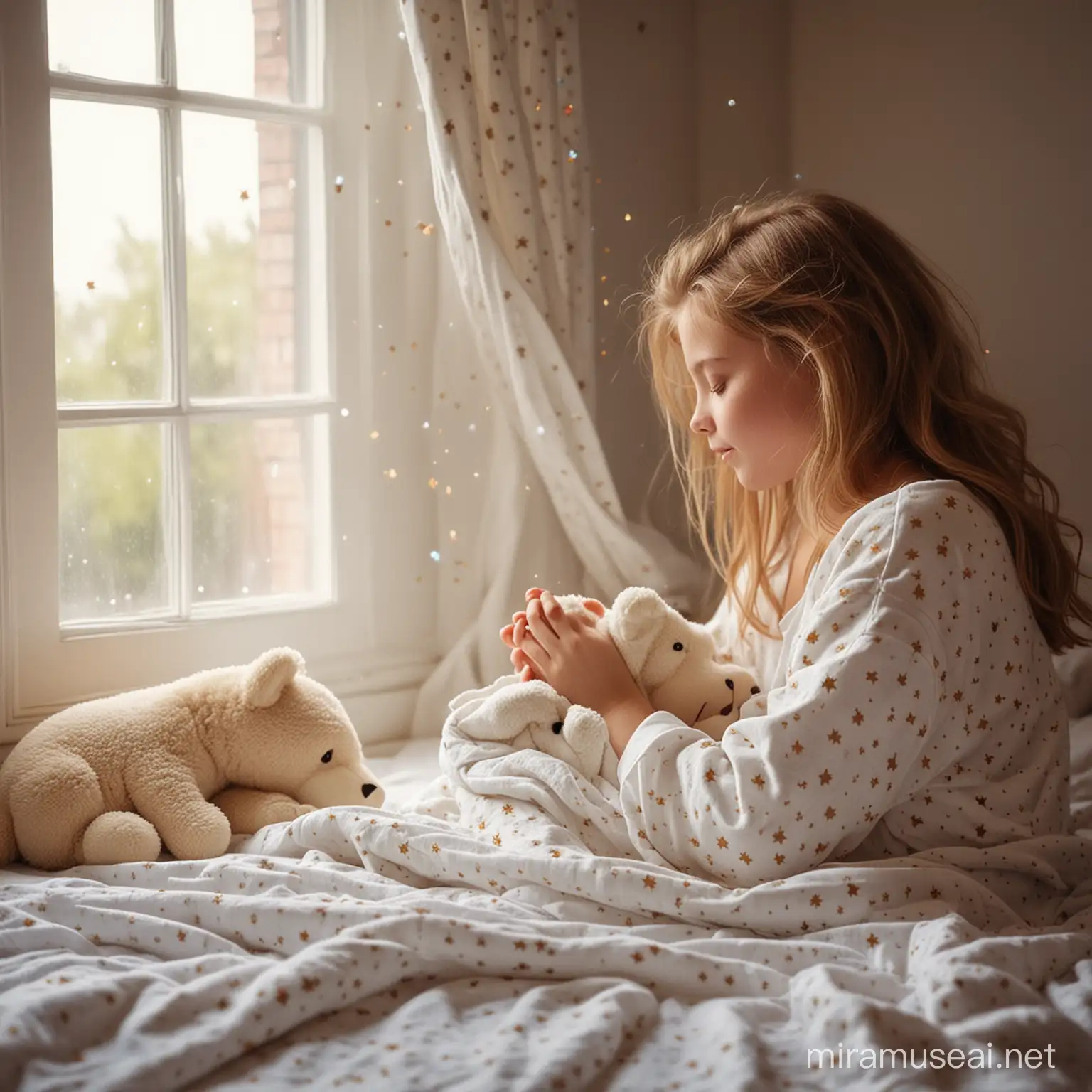 Promt：Adegan nyata.  Di pagi yang tenang, sinar matahari masuk melalui jendela ke sebuah ruangan kecil yang nyaman di mana gadis cantik enggan bangun dari tempat tidur.  Dalam cahaya lembut, gadis cantik tersebut mengenakan baju tidur dengan bintang-bintang kecil di atasnya, terletak di bawah selimut lembut.  Tangan halusnya masih menempel pada mainan mewah yang lucu, sepertinya masih hilang dalam mimpi.