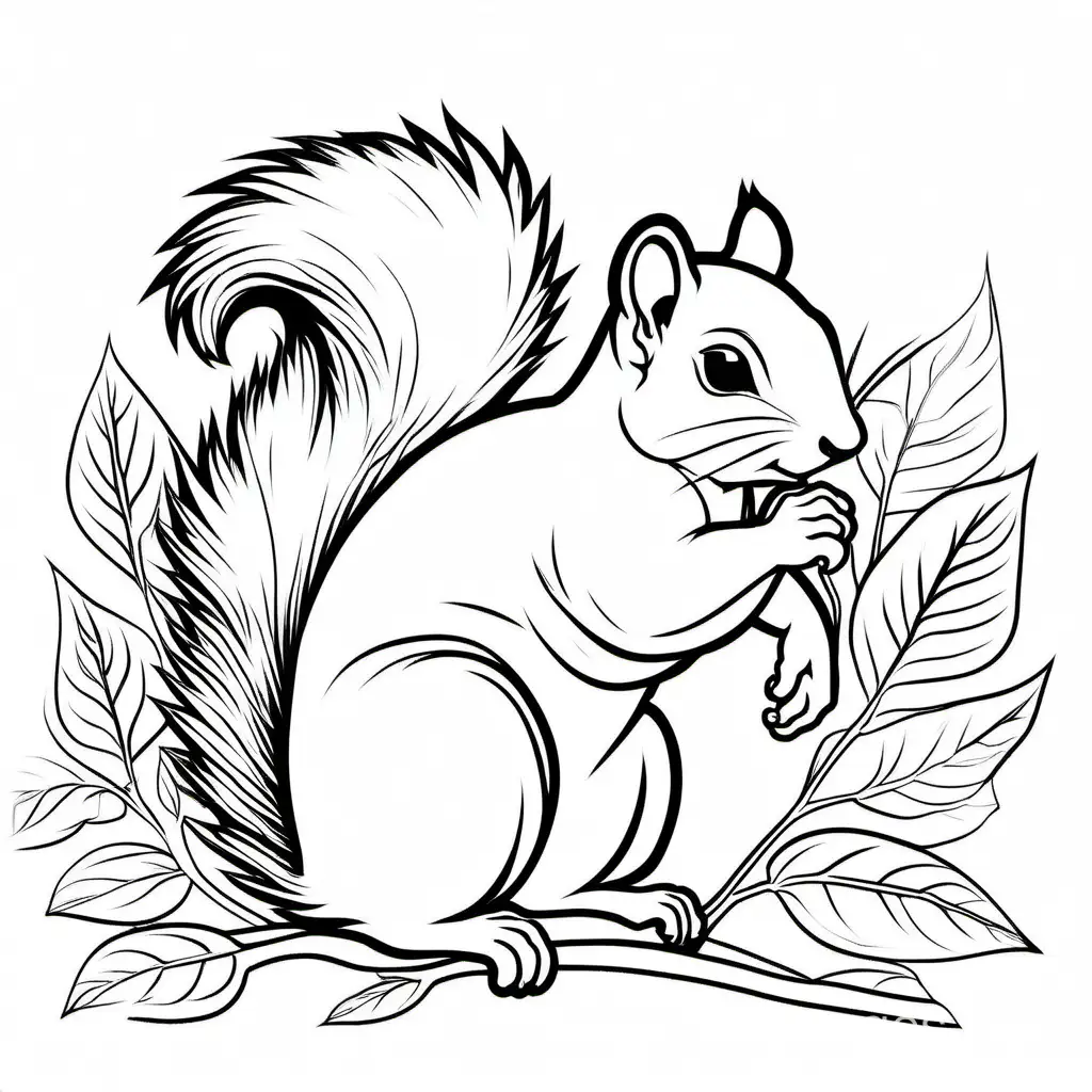 Gray squirrel, Coloring Page, black and white, line art, white background, Simplicity, Ample White Space. The background of the coloring page is plain white to make it easy for young children to color within the lines. The outlines of all the subjects are easy to distinguish, making it simple for kids to color without too much difficulty