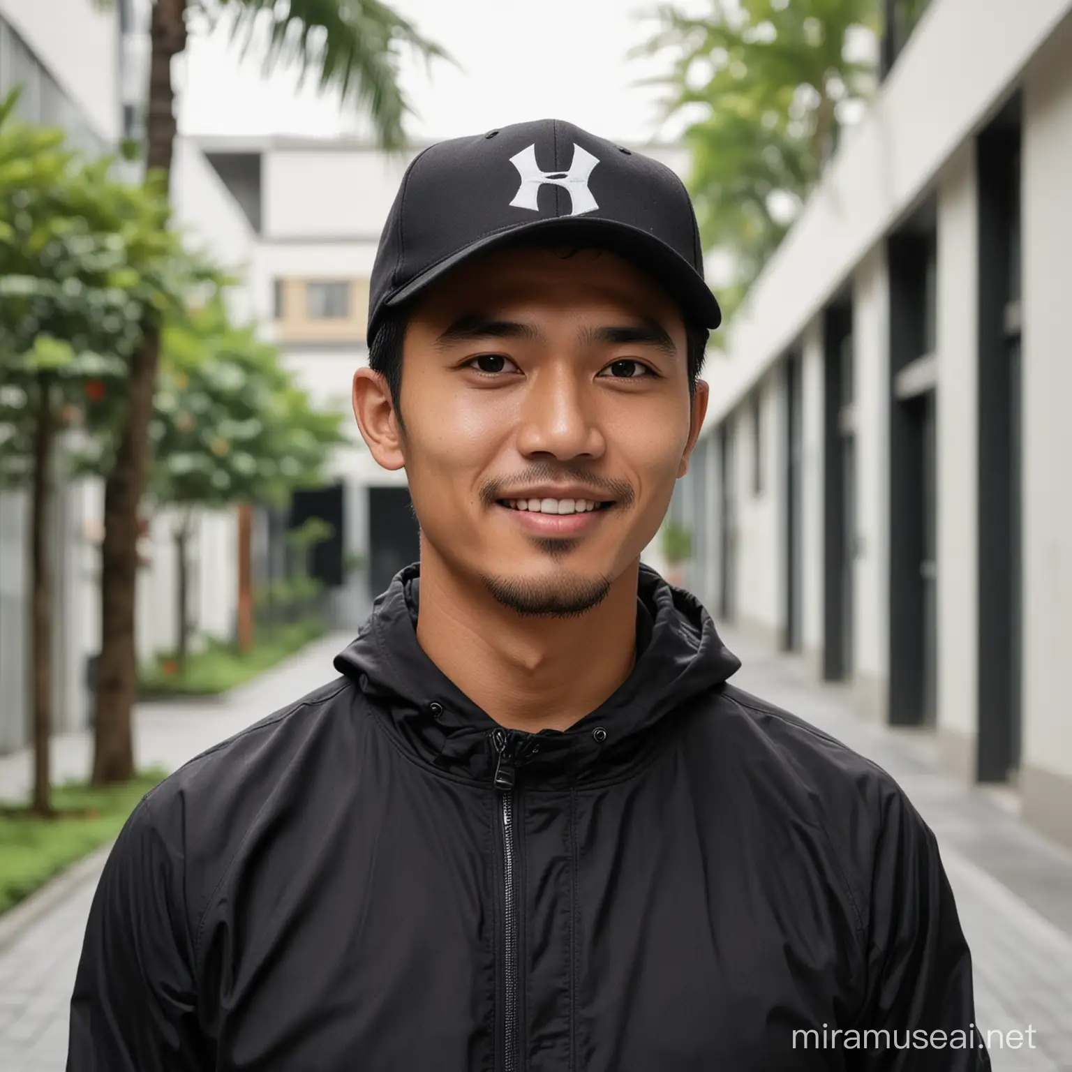 Pria Indonesia umur 30 tahun,pakai topi basket,pakai jaket hitam,lokasi halaman kantor