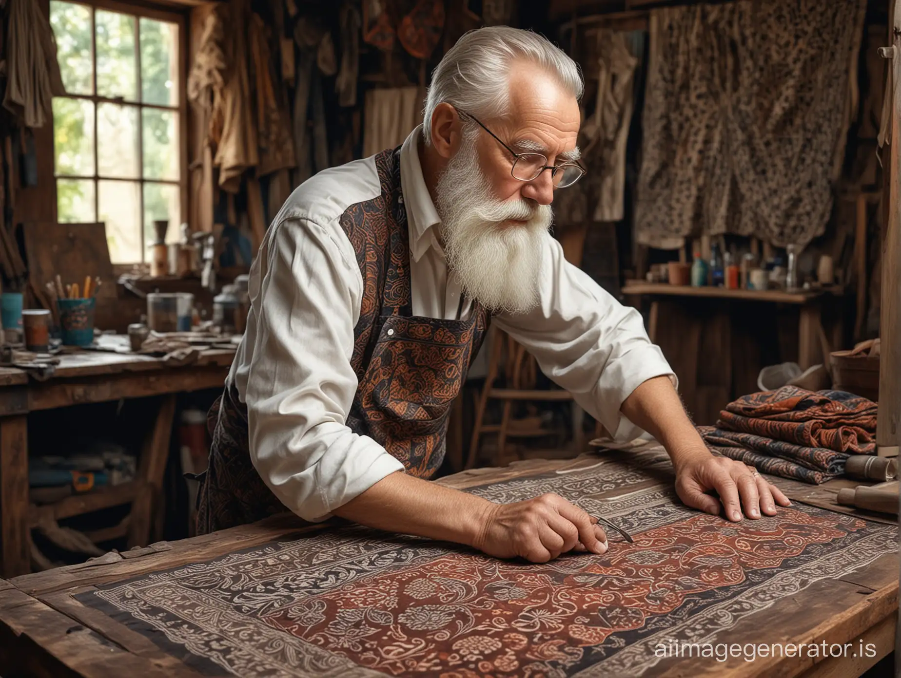 hyper realistic image of a white beard old man working with batik printing fabric in his workshop
