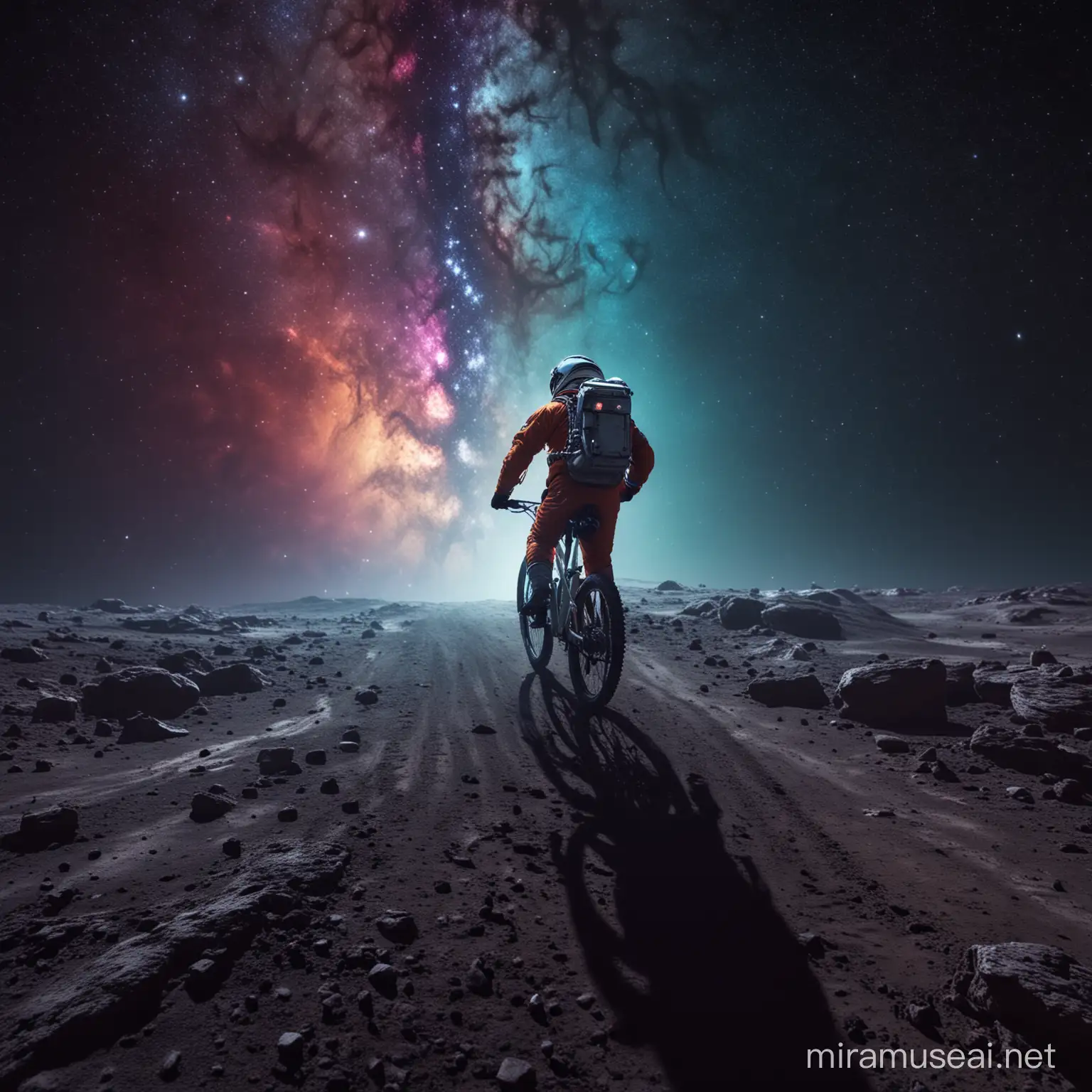 Space Cycling Astronaut Exploring Colorful Darkness