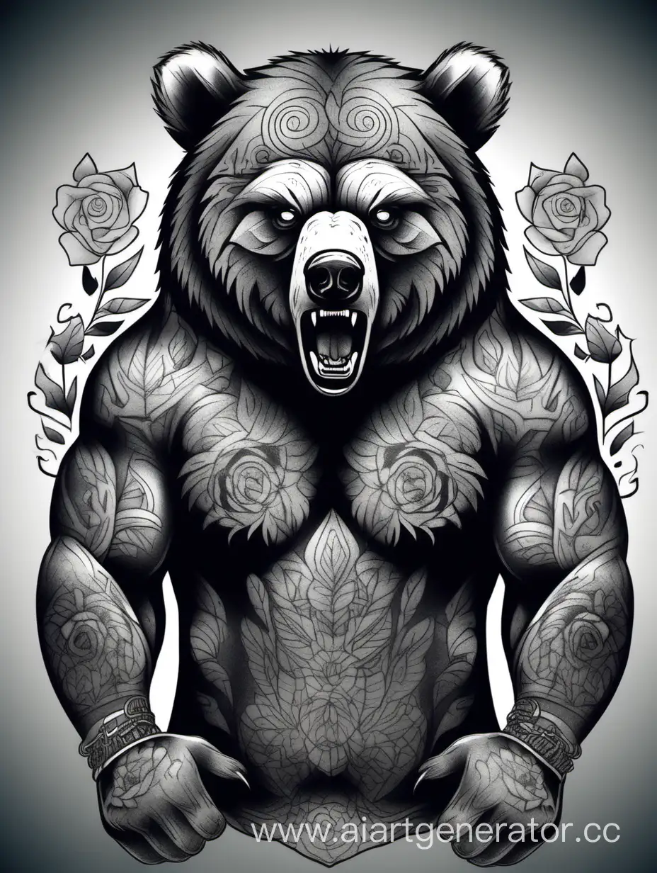 Angry bear in Russian style shades of grey wiyh tattoos