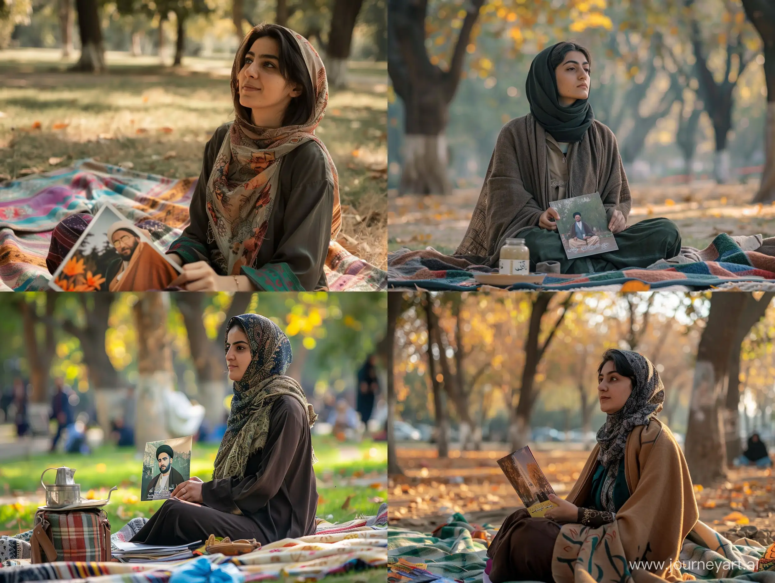 A 33 years old iranian muslim girl, siting on the blanket chair in park, having a photo of martyr Ebrahim Hadi and is looking a it