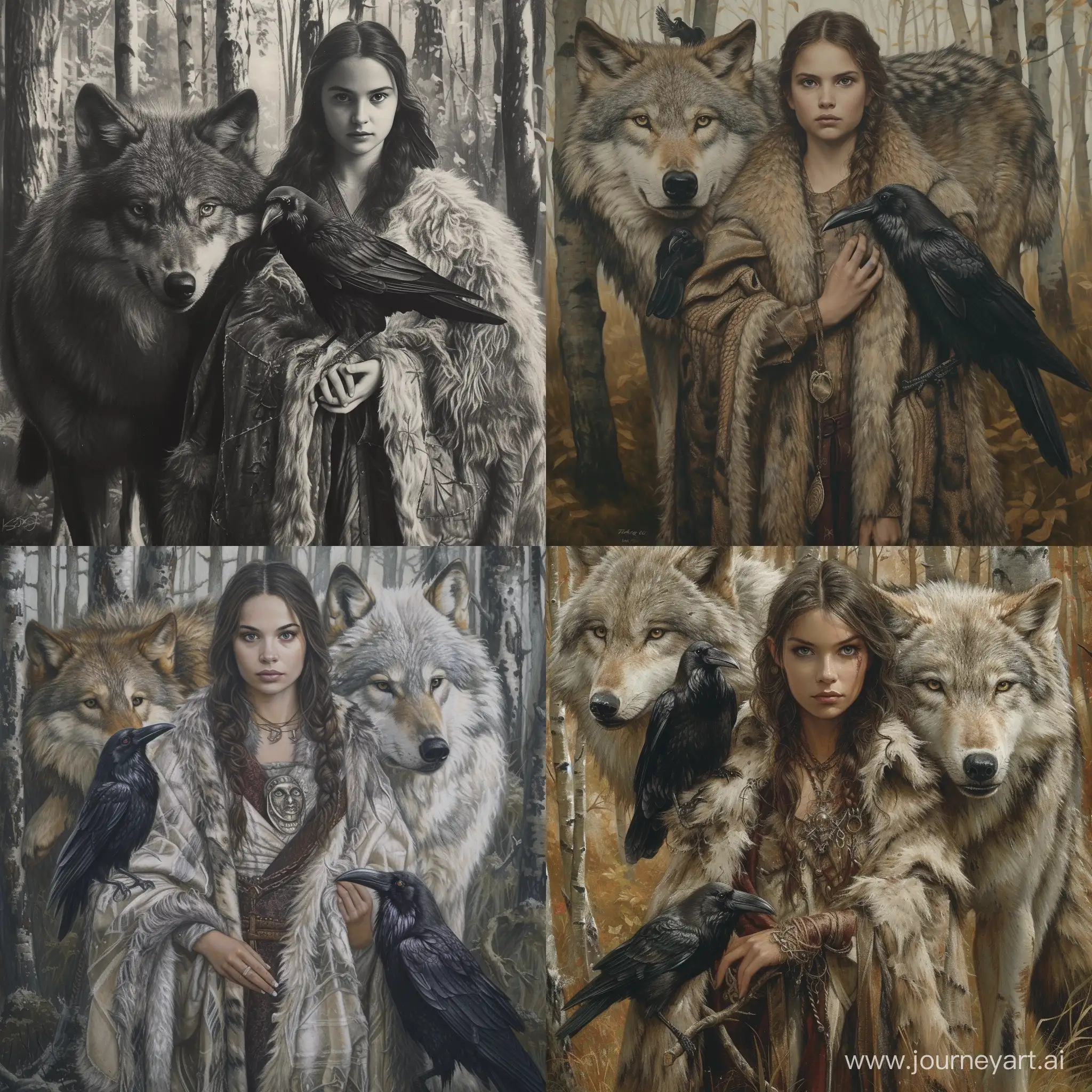 портрет Фэнтези Девушка в образе колдуньи в лесу с волком и вороном в балахоне с мехом.  Ворон на левой руке. Вторая рука на волке, запущенная неглубоко в шерсть.