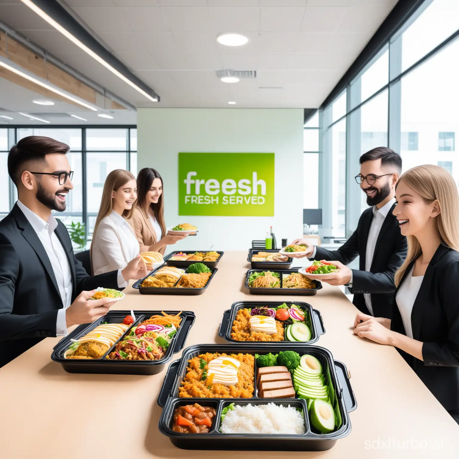 a group of colleagues, having office lunch in a friendly environment meal trays, and the branding of "Fresh Served" on it make all the text in english language
