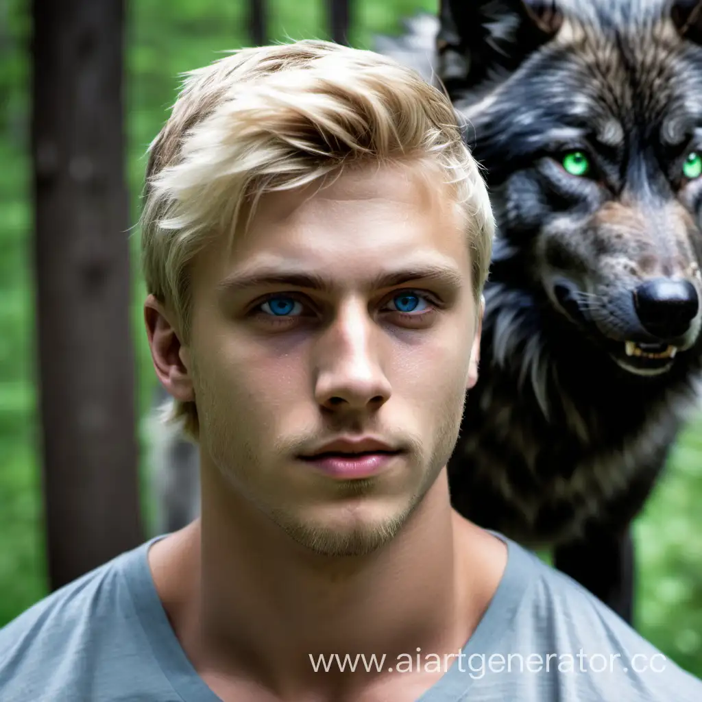Muscular-Blond-Man-Confronting-a-Mysterious-Black-Wolf
