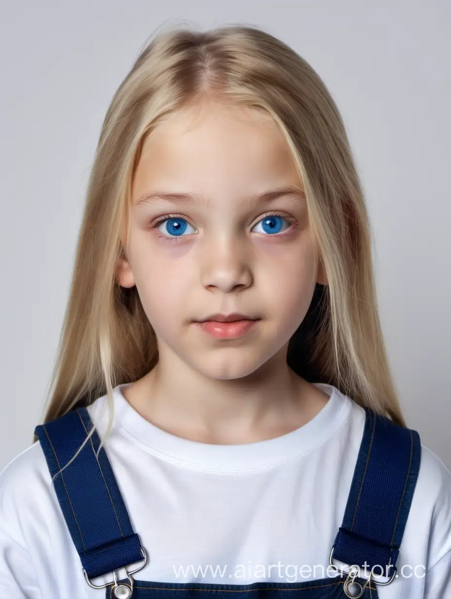 girl 12 years old, 
nationality Russian,
blonde, 
dark blue eyes,
full face, 
standing, 
blue overall, 
white t-shirt,
white background, 
close-up face