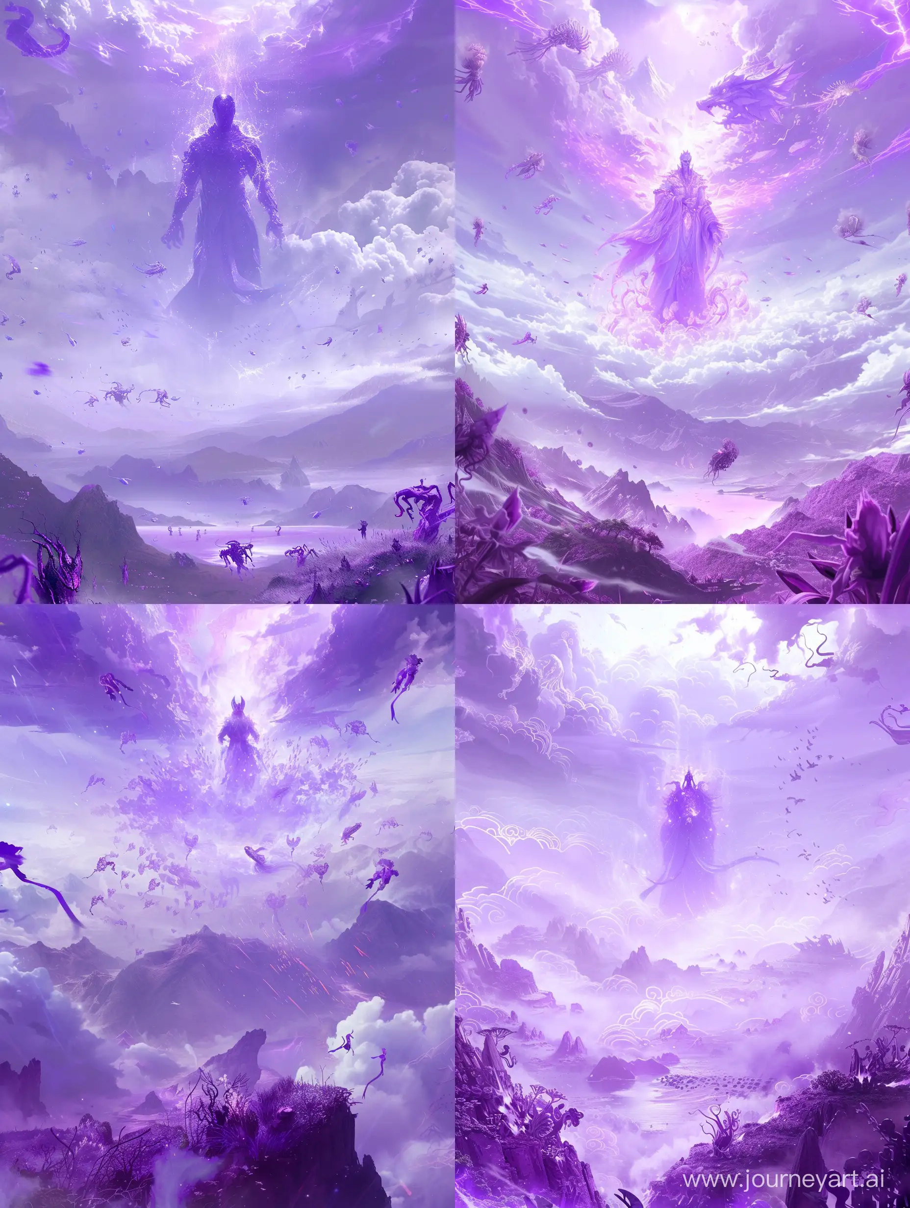 In this immortal world, a mysterious and sublime figure occupies the C position of the entire screen. He was the Purple Violet Emperor, noble in status and possessing endless power and strength. His figure was surrounded by purple light, giving people a sense of mystery and sanctity. Surrounding Emperor Ziwei was a purple sea of clouds, in which some mysterious creatures could be seen vaguely, which traveled through the sea of clouds as if paying homage to Emperor Ziwei. The background of the entire picture was a purple sky, which was dotted with white clouds, making the entire picture more vivid. At the bottom of the picture was a purple mountain range with some strange plants growing in it, which also emitted a purple glow, making it mysterious and beautiful. Below the mountains, there is a purple lake, in which the sky and the mountains are reflected, making people feel serene and peaceful. The tone of the whole picture is dominated by purple, which is a mysterious and noble color that makes people feel sacred and inviolable. White is a pure and bright color, which makes the whole picture more vivid and bright. The atmosphere of the whole picture is mysterious and sacred, which makes people feel infinite awe and reverence. 