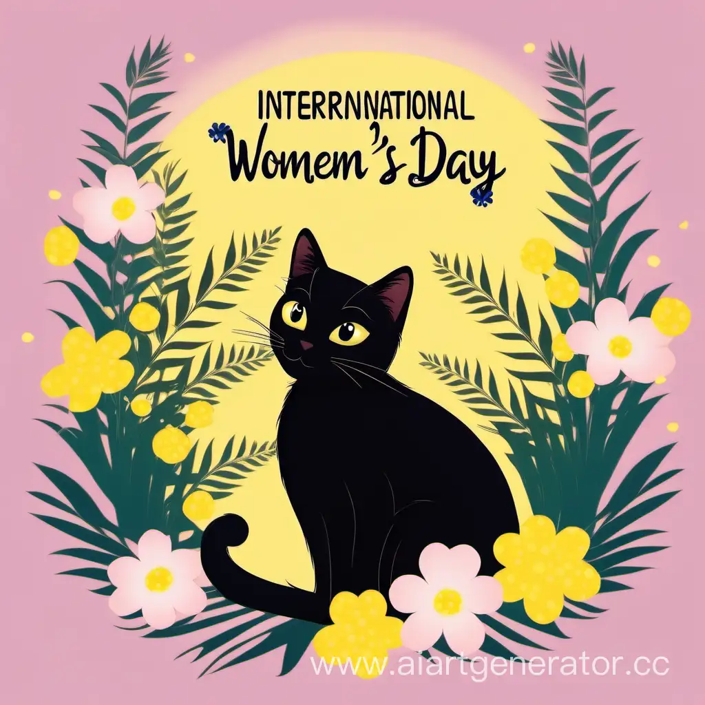 Celebrating-International-Womens-Day-with-a-Black-Cat-and-Mimosa-Flowers