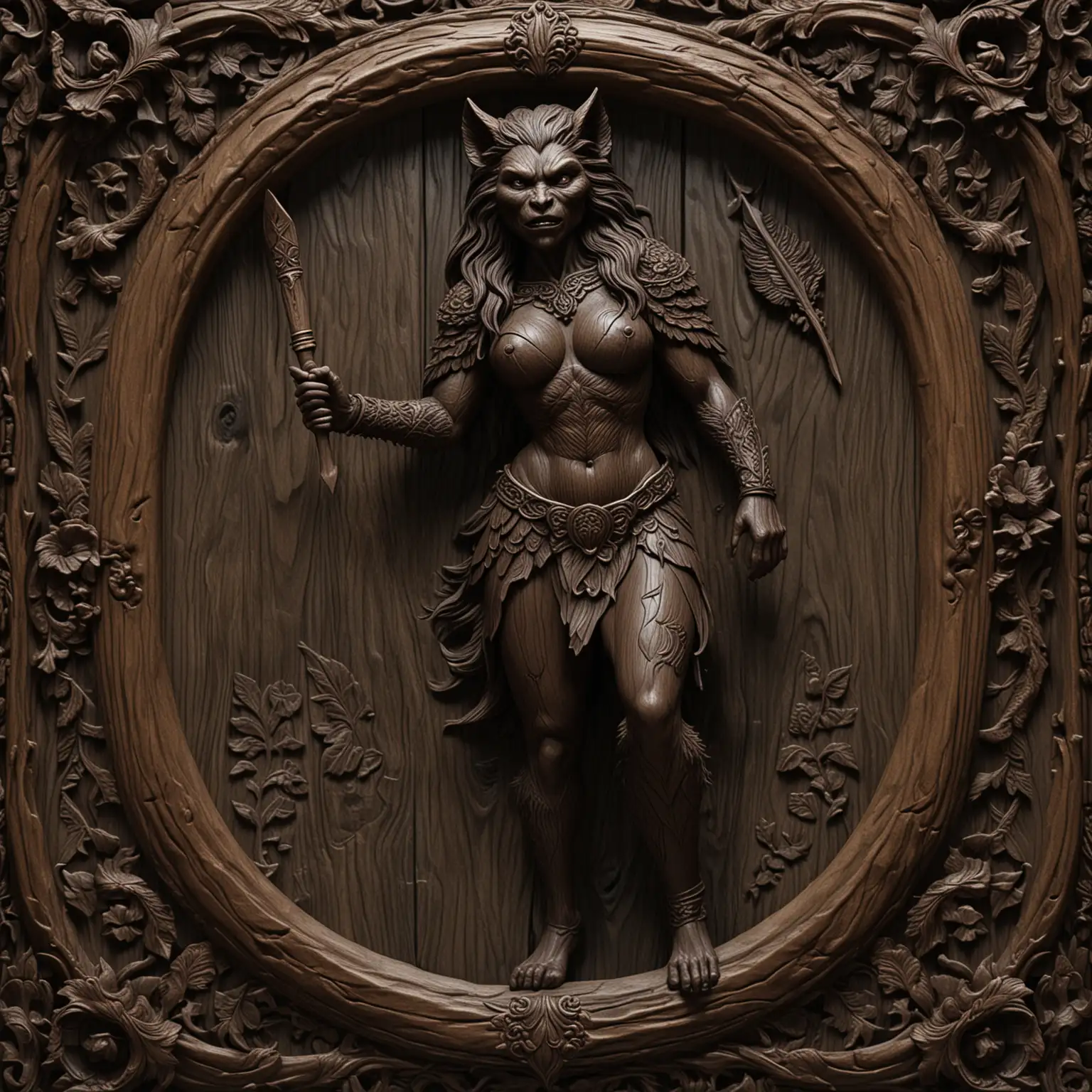 seamless AND TILEABLE  CARVED DARK WOOD, FINELY CARVED WITH CARVED FRAME, FEATURING CARVED PALE WOOD, FULL BODY, FEMALE, WEREWOLF, FURS AND SPEAR
