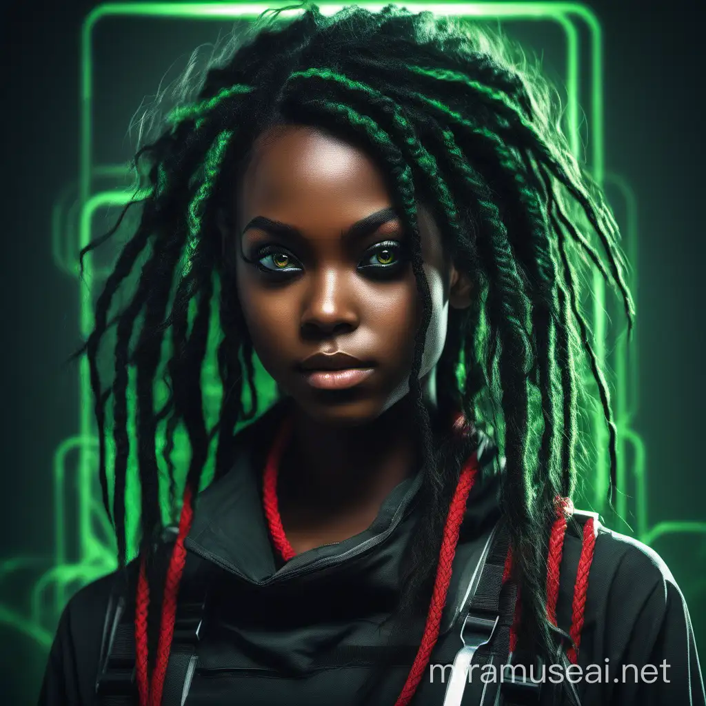 SciFi Portrait Ebony Girl with Green Eyes and Cybernetic Enhancements