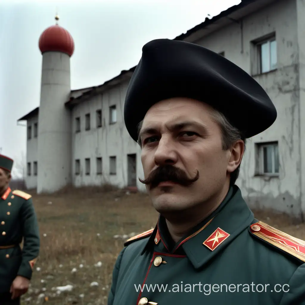 советский бетонный дом на заднем плане, на переднем плане мужчина с светлыми усами, на голове у мужчины шапка казака