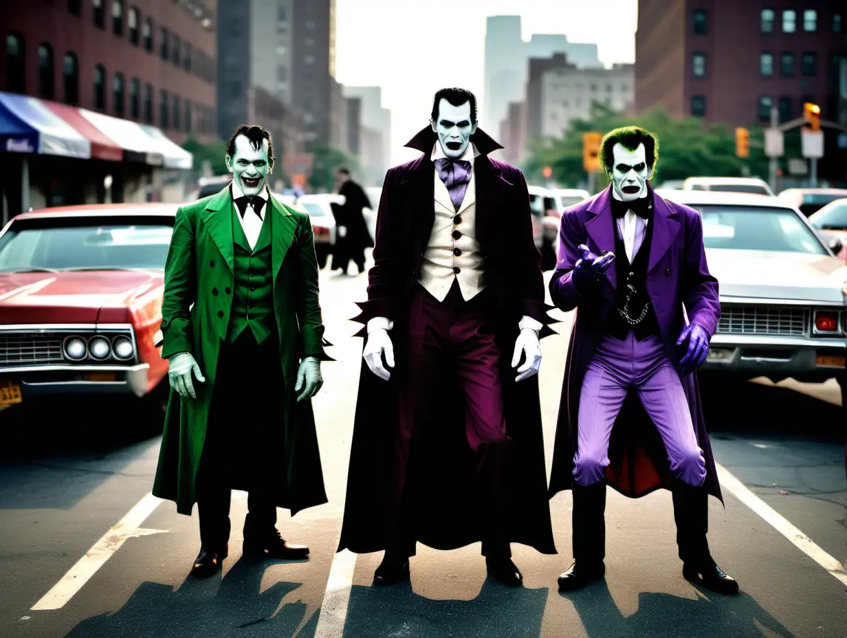 Dracula and Frankenstein with several Joker lookalikes in a run down parking lot in NYC Frank Frazetta style