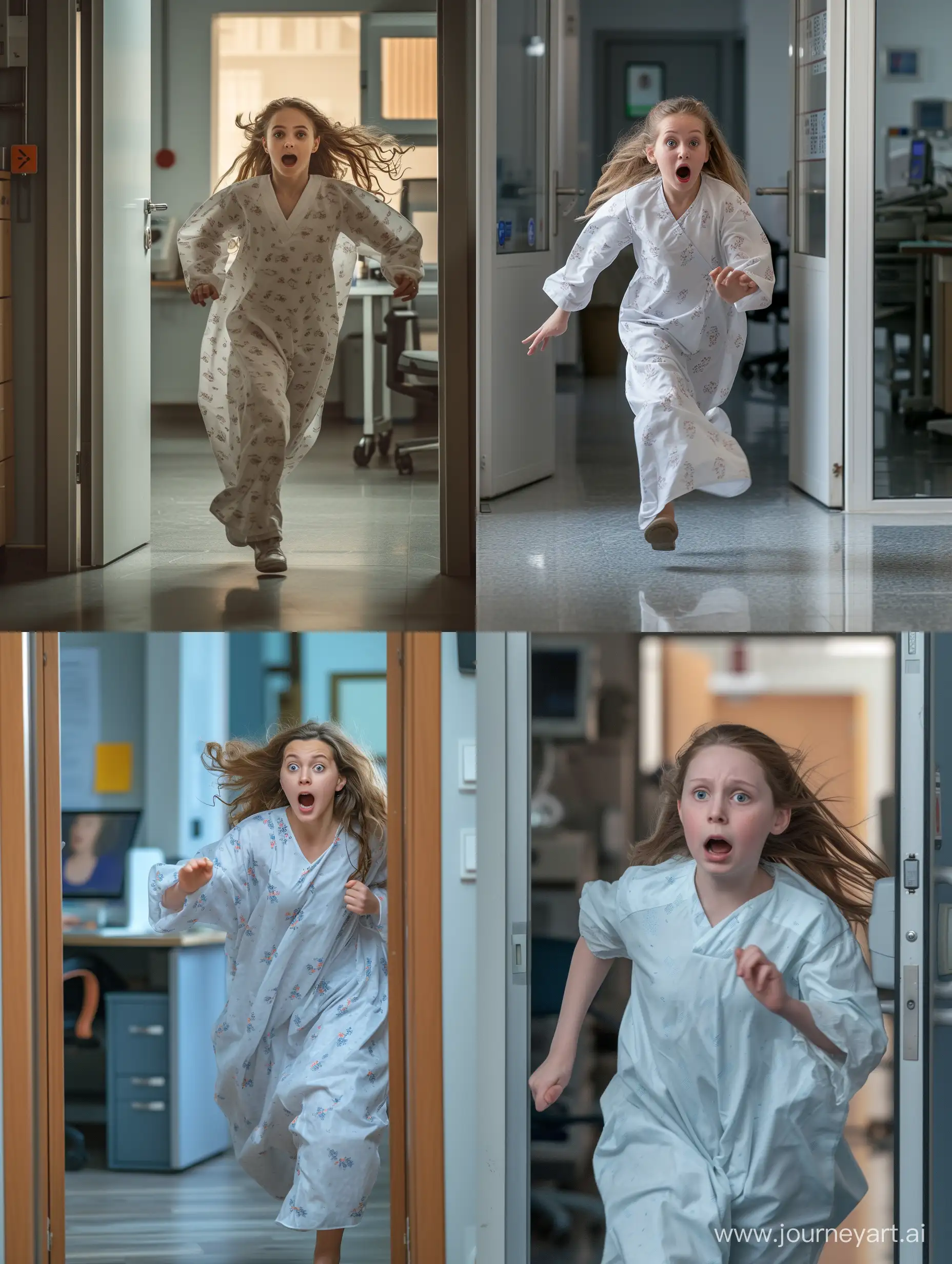 Frightened-European-Girl-Escaping-Hospital-Office-in-Medical-Gown