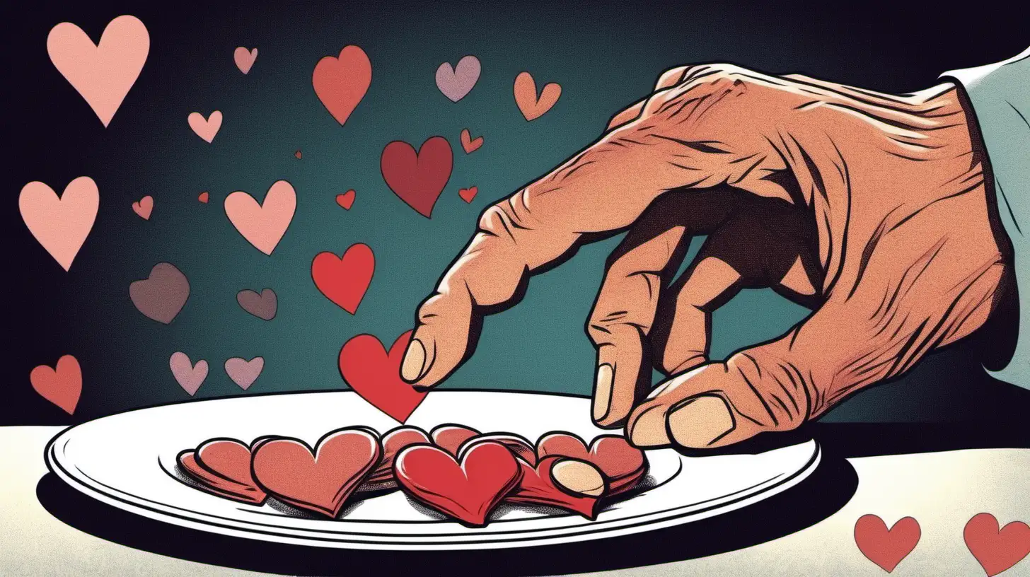 illustrate A  55-year-old man He reaches his hand towards the dinner table, there are hearts around his hand. hand close up, nighter