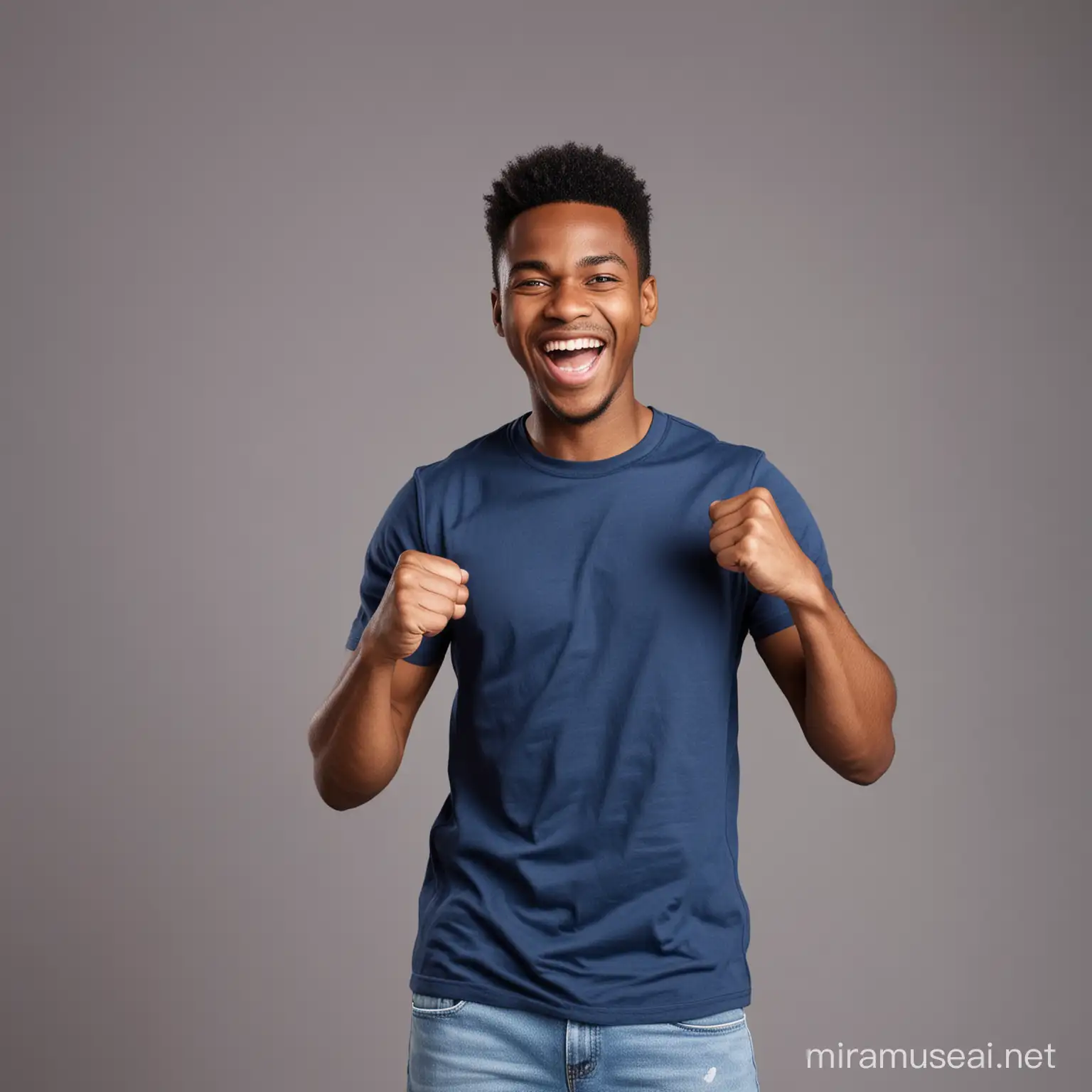 African black guy , excited to camera , holding raised fist , laughing in  action , standing against gray background, putting on dark blue t-shirt 
