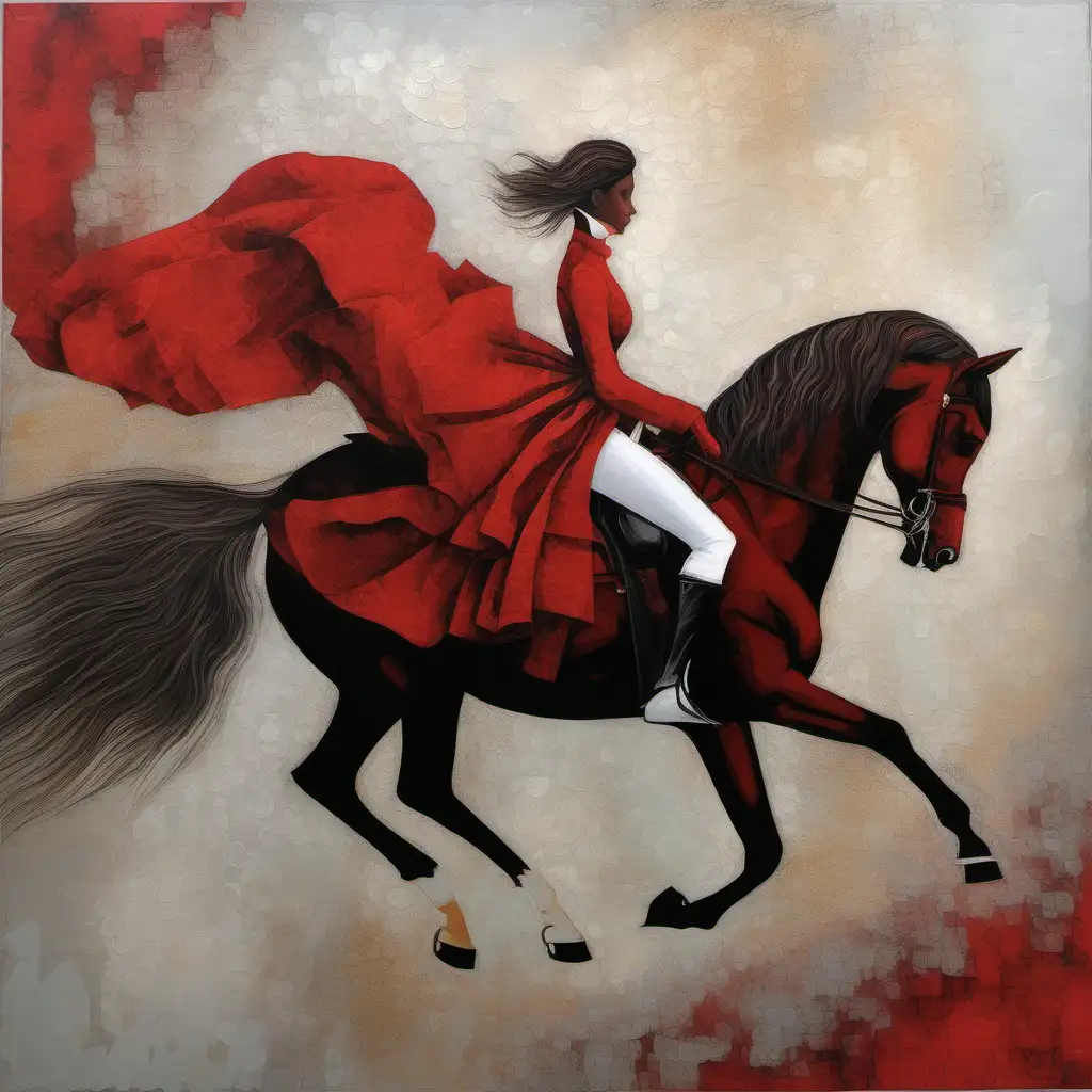 Textured mixed media of a lady riding her elegant horse, oil painting, layered, dynamic, red detail 