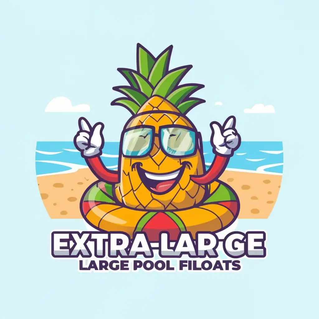 a logo design,with the text 'Extra Large Pool Floats', main symbol:a happy smiling cartoon  pinapple on the beach,Moderate,be used in Retail industry,clear background