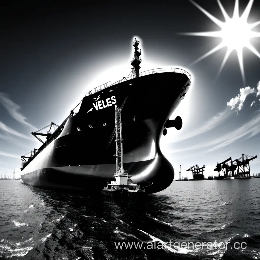 Tanker-Ship-VELES-Silhouetted-Against-Blue-Sky-and-Sea