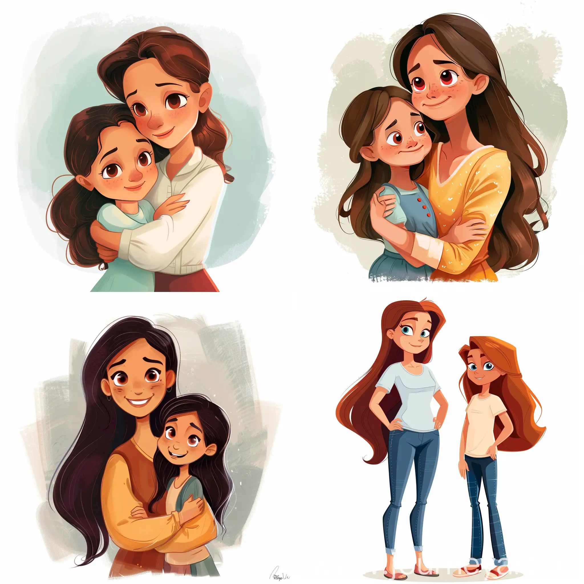 cartoon illutration,style disney,mother and daughater 