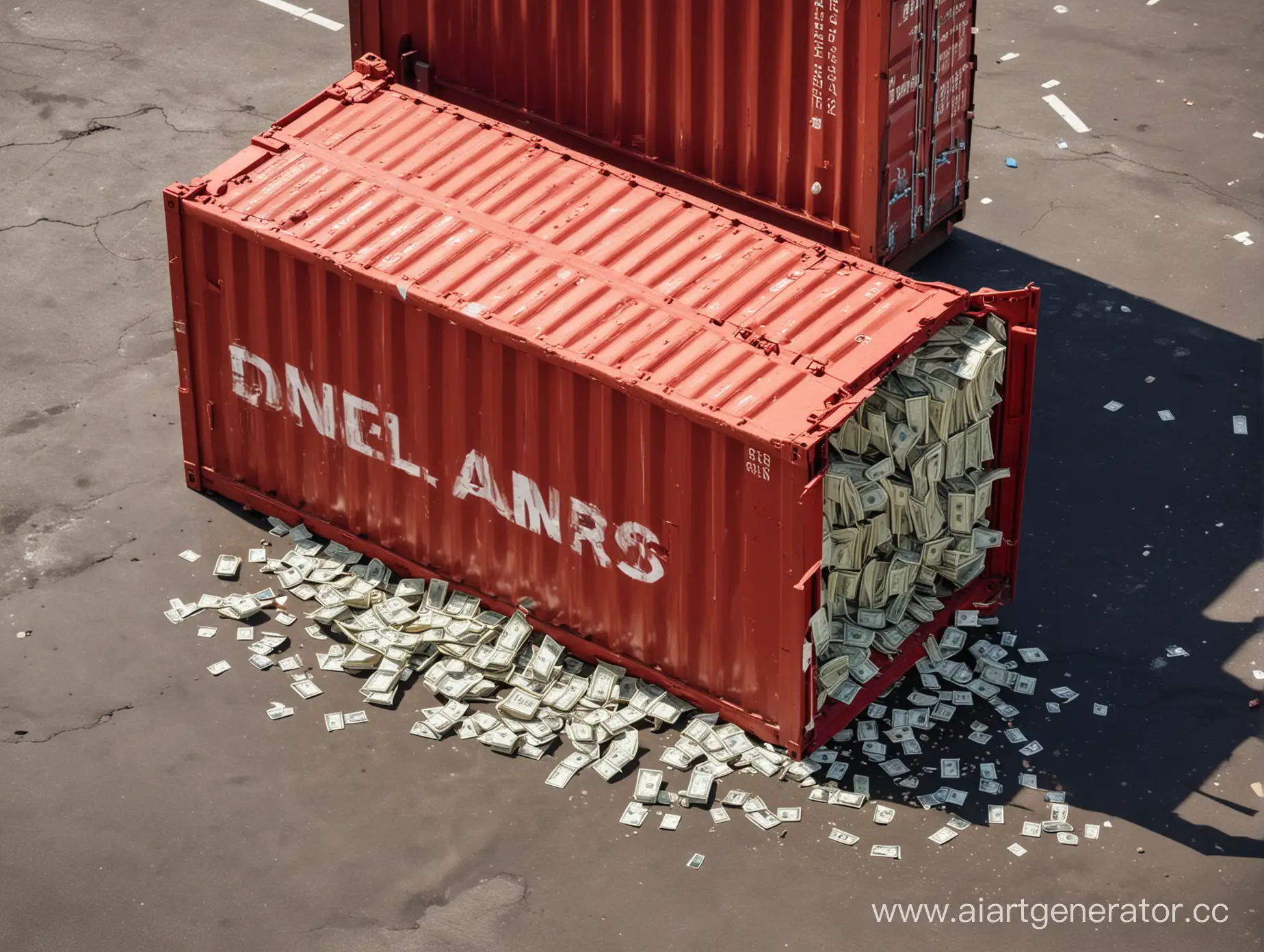 доллары высыпаются из красного морского контейнера с отрытыми дверями, он стоит в грузовом порту