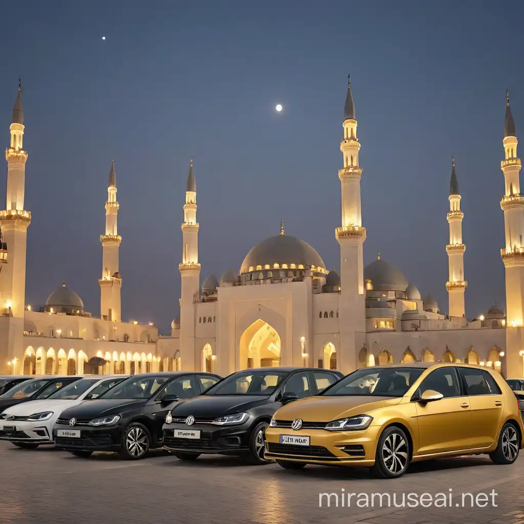 make a car rental post for Eid Mubarak night, let it be with mosque and some wolsfagen golf cars around it, with black and gold colors