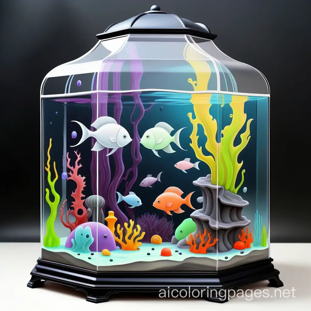 a spectacular gothic aquarium, oil on canvas very cute magical Watercolour pastel colours wet on wet watercolour painting, Coloring Page, black and white, line art, white background, Simplicity, Ample White Space. The background of the coloring page is plain white to make it easy for young children to color within the lines. The outlines of all the subjects are easy to distinguish, making it simple for kids to color without too much difficulty