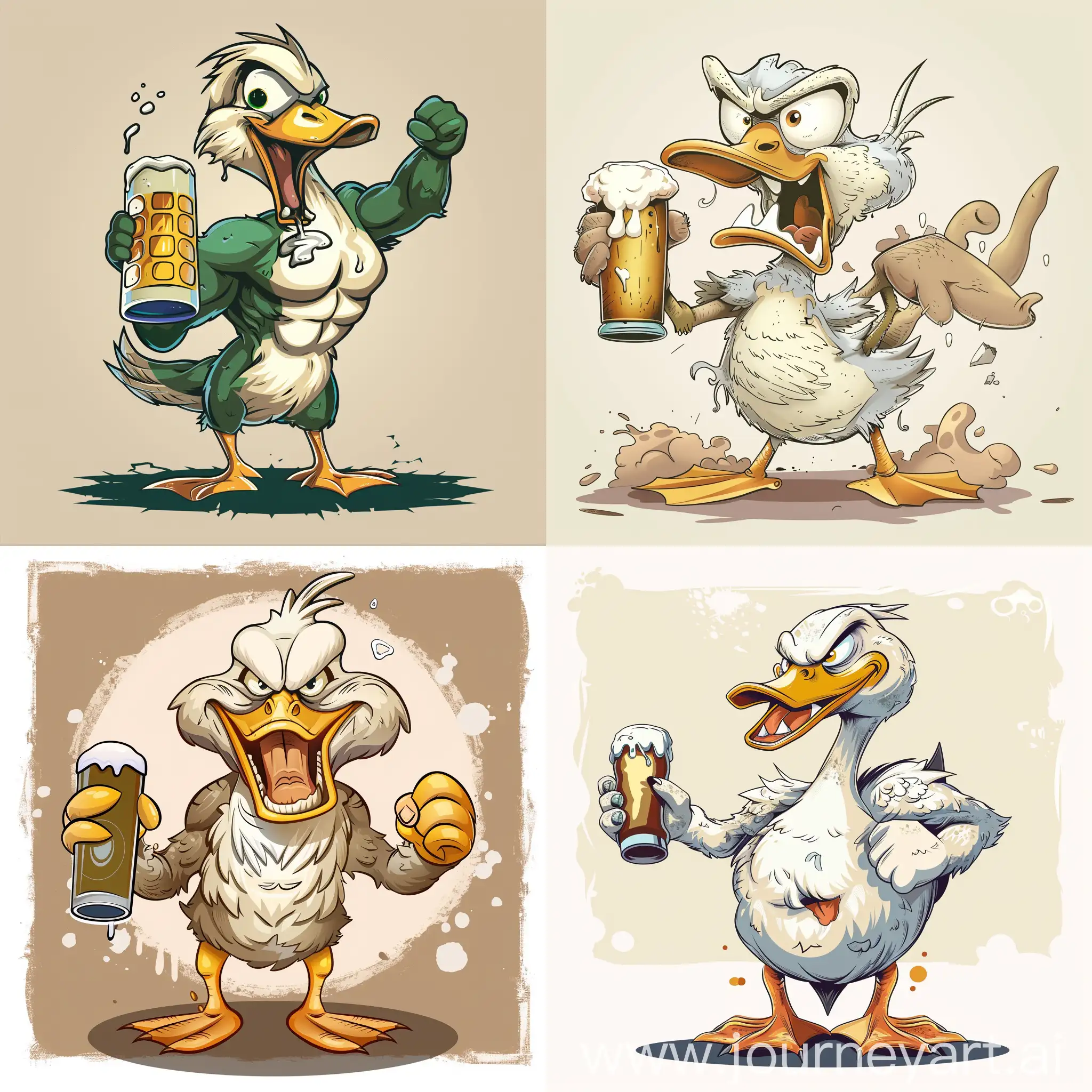 AN ANGRY AND MUSCULOUS DUCK IN CARTOON STYLE WITH A BEER IN HAND