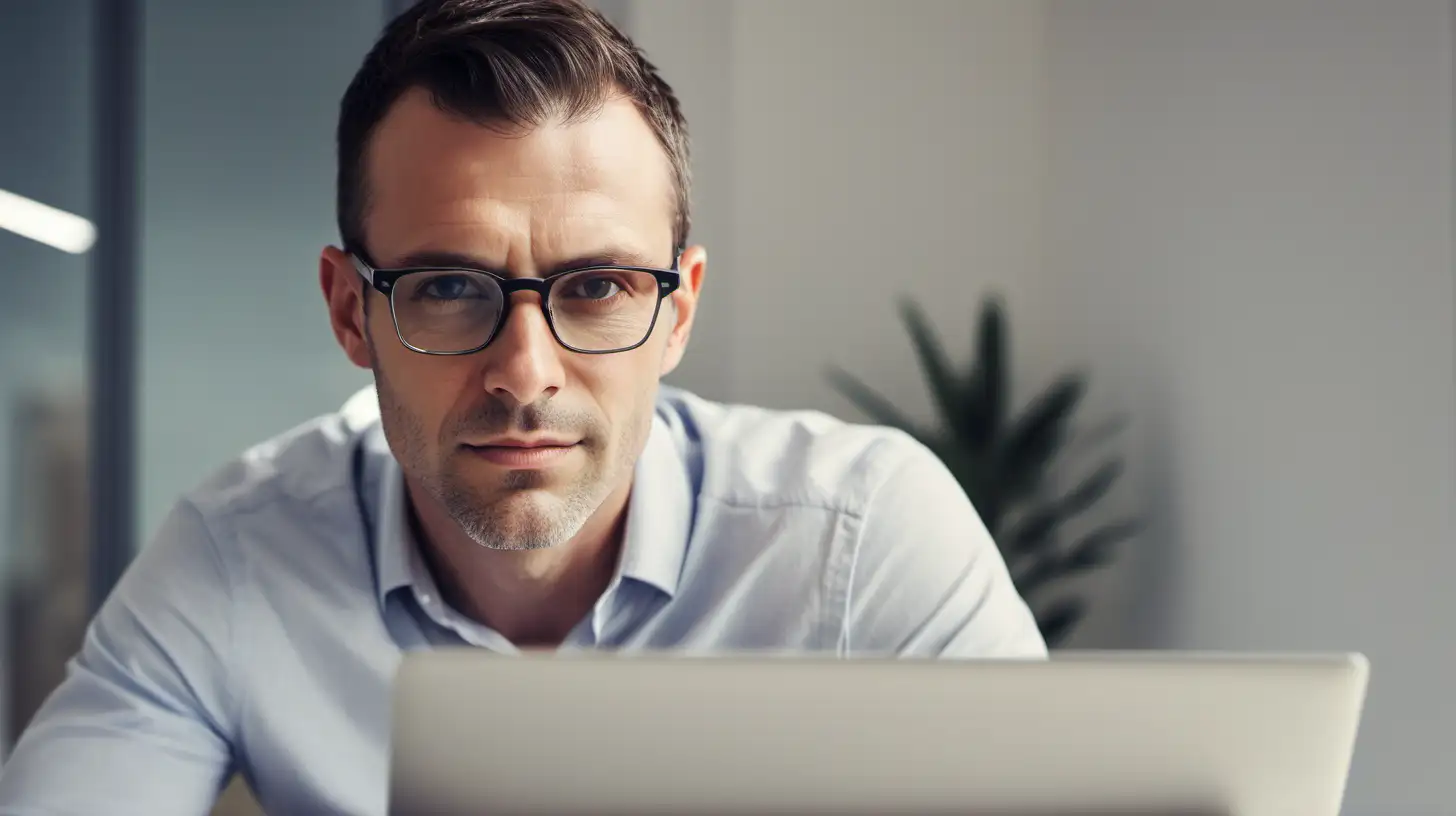 Man in 30s no stubble, smart, looking at laptop sat at desk, shaven, slight smile, out focus bright office background, light from laptop shining in his face, reflecting in glasses, view pulled back