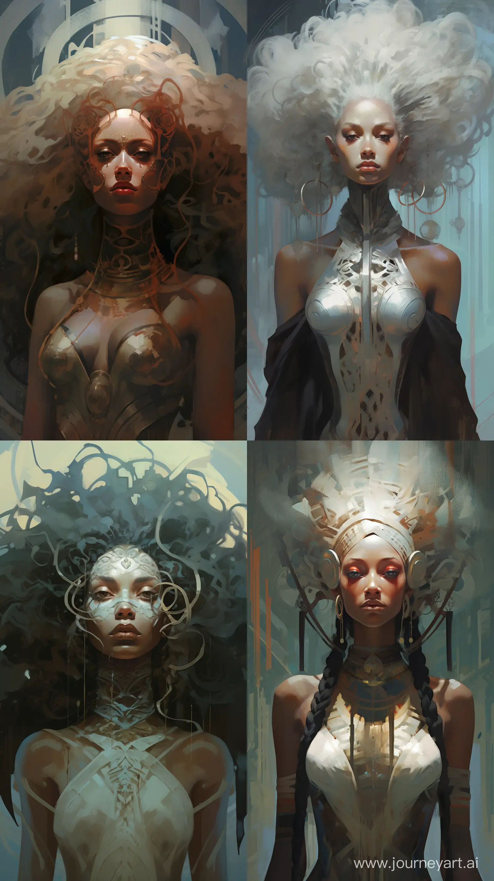 Elf lady, elf, black cape, afros, eye sockets, intricate complexity, rule of thirds, in the style of Adam Paquette, Peter Mohrbacher, Alphonse Mucha, Karel Thole and Eric Deschamps, head honcho John Berkey, concept art, character concept  --aspect 9:16