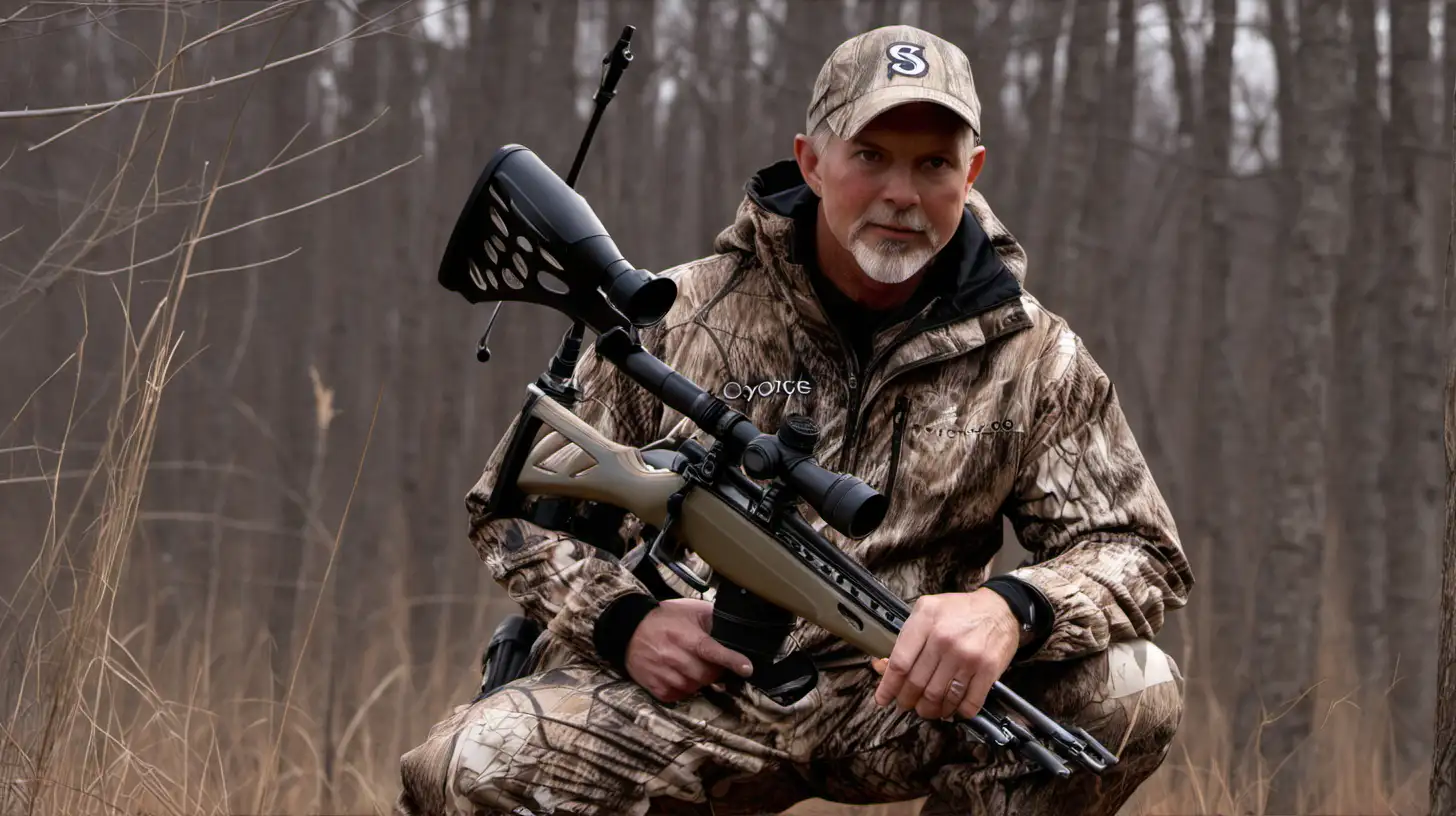 Scott Yenor is dressed in camouflage and bow hunting coyote