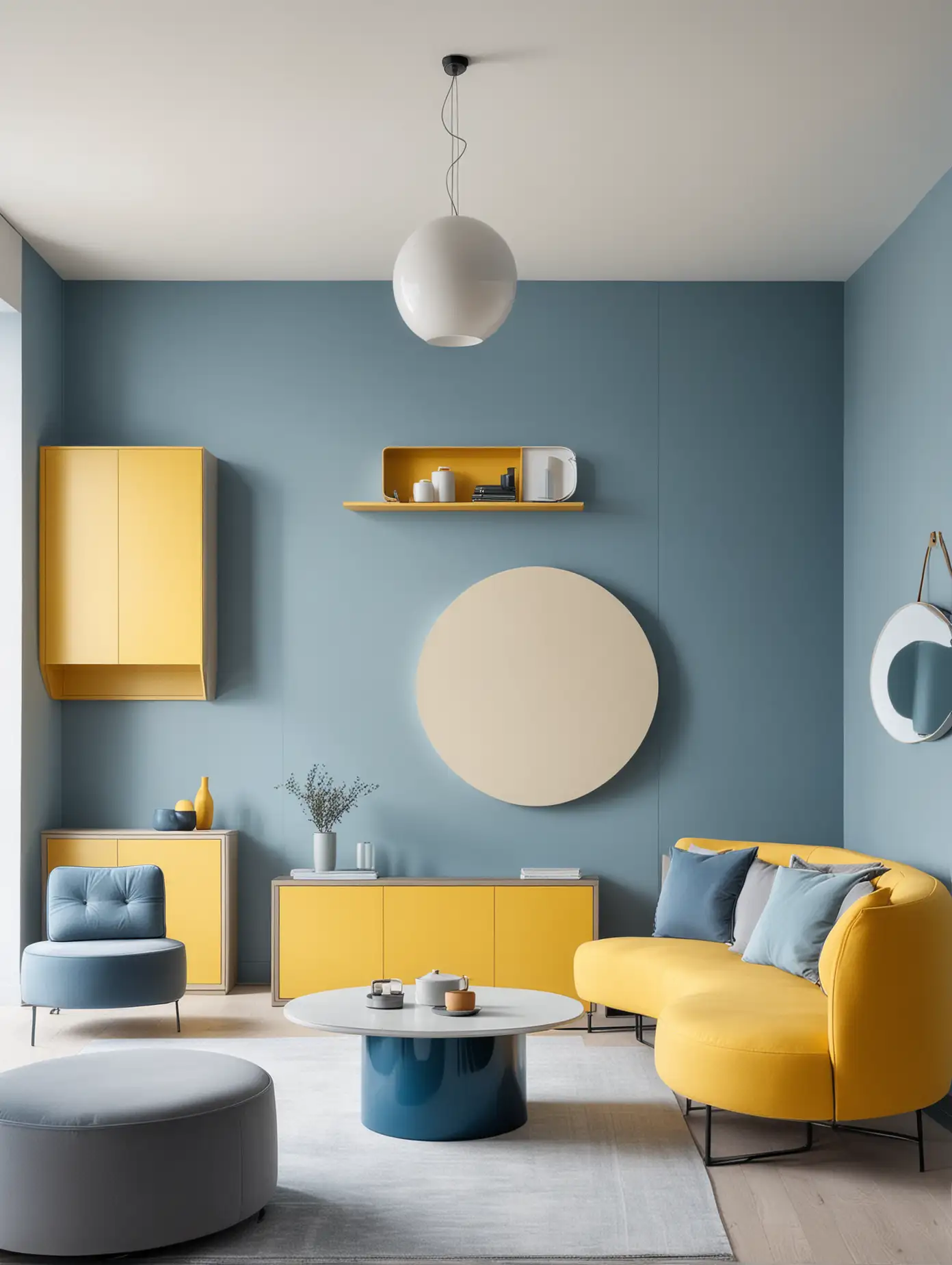 Moderner Innenraum einer Boutique mit Designermöbeln und color blocking in kräftigen und kontrastreichen Farbtönen, helles blau, kräftiges blau, beige, grau und sonniges gelb , Minimalistisch, Schrankoberflächen, runde Schrankwand mit Sitzoberfläche