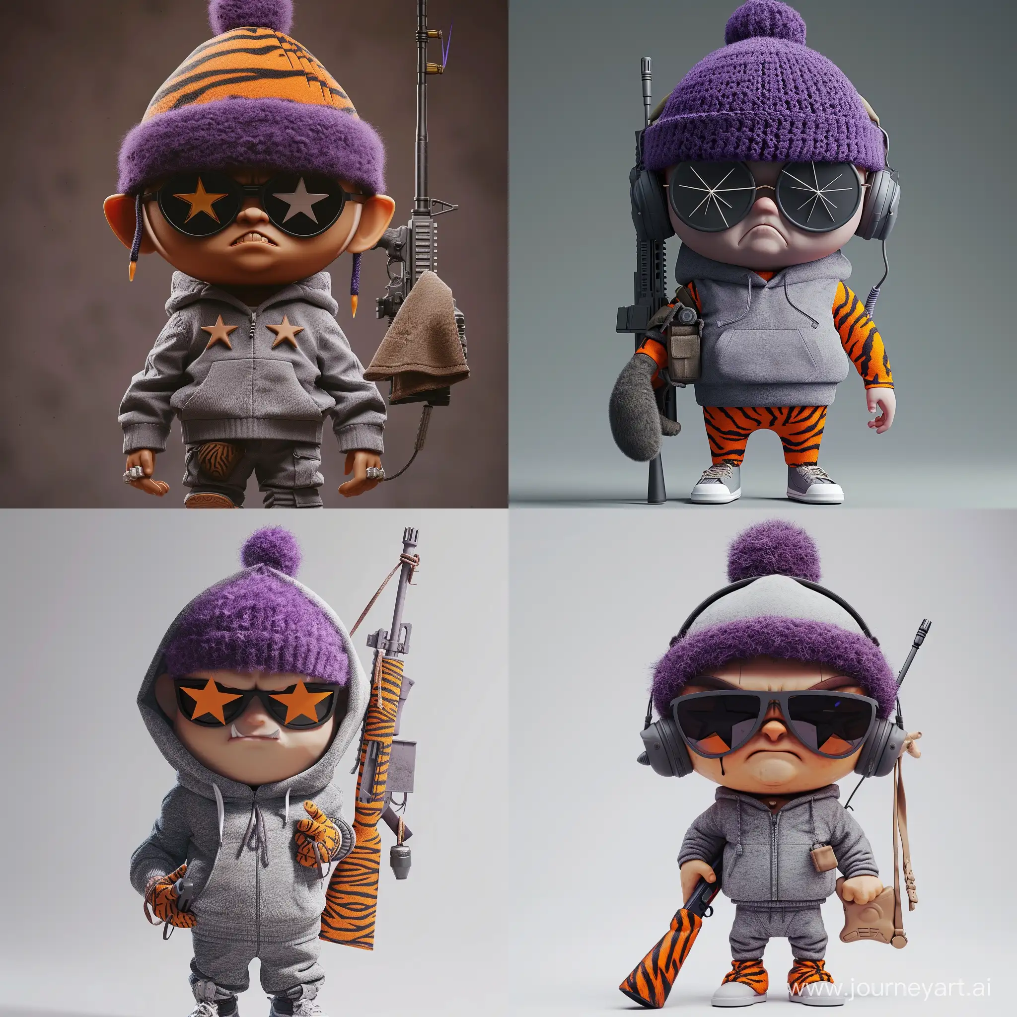 3d angry boy character with hand in pocket with eyes shaped exactly like a star and sun glasses shaped exactly like a star with medium opacity and wearing a gray hoodie Orange stripes with black tiger vector and urban clothes, a purple woolen hat and purple felted headphones a sniper rifle covered with cloth and hanging from the back, 3d Rendering, 3D character style, miniature, with detailed clothing and body textures ,full body photo, 3d character style, intricate fine details, front view, movie style --v 6 
