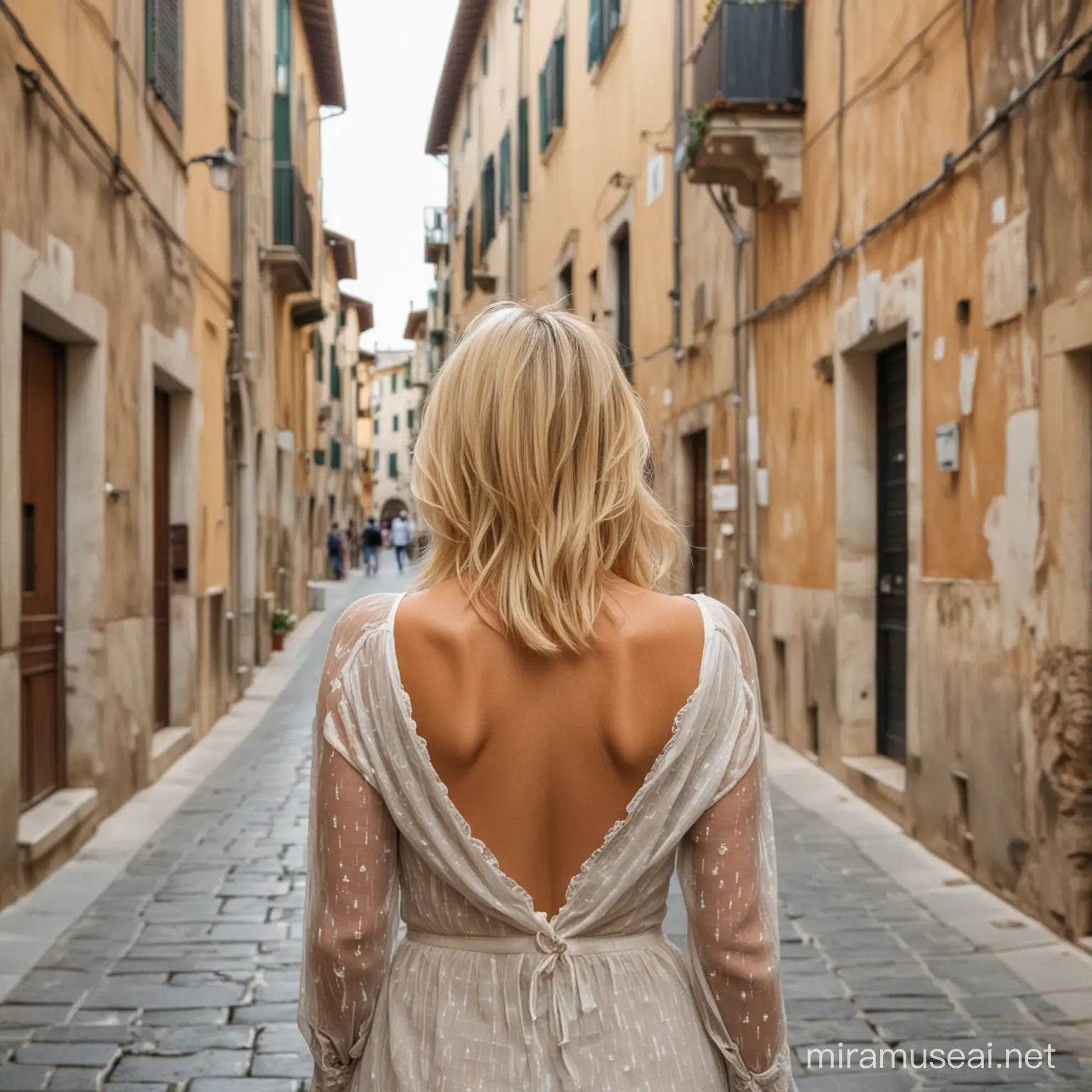 woman with blonde hair and back to camera standing in an old Italian street