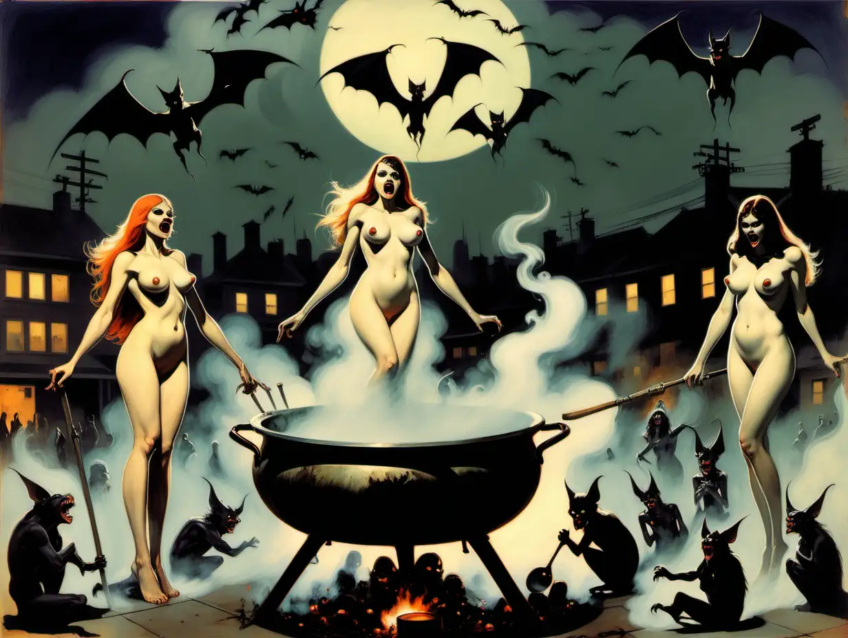 naked witches standing over a boiling pot in a parking lot vampire bats flying overhead Frank Frazetta style
