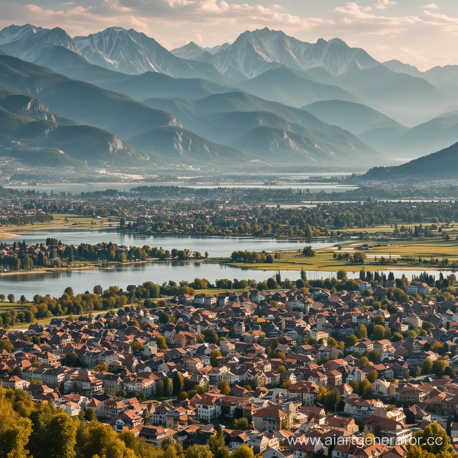 Cityscape-Framed-by-Majestic-Mountains-and-Tranquil-Lake