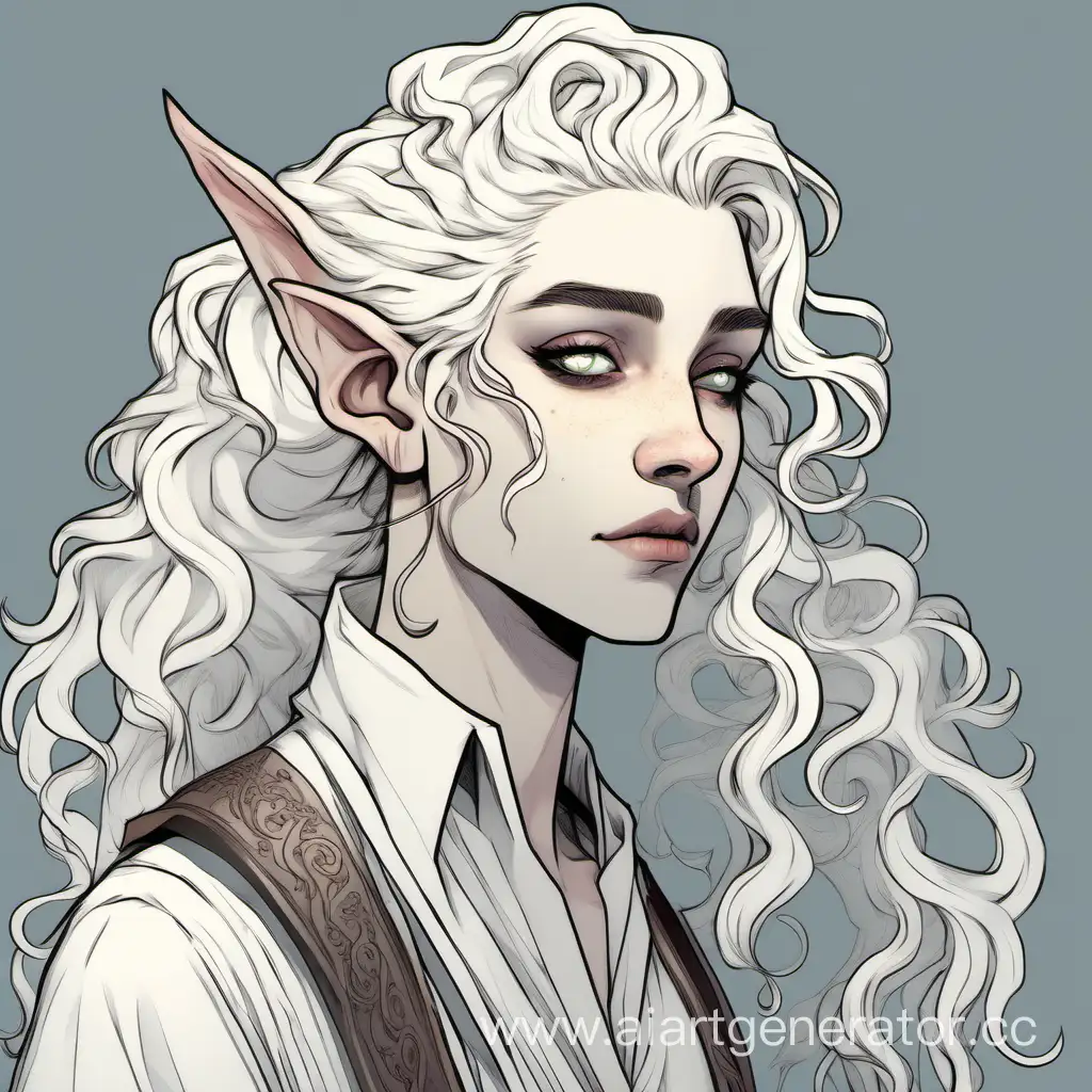 changeling doppelganger from d&d, long white curly wavy hair with a shaved undercut and ponytail. androgynous, nonbinary, slender, flamboyant. Solid whiteout eyes with no pupils. Pale, deadline, chalky unnatural skin, elf ears. Grecian nose, soft chin, desaturated lips. Bard with a harp