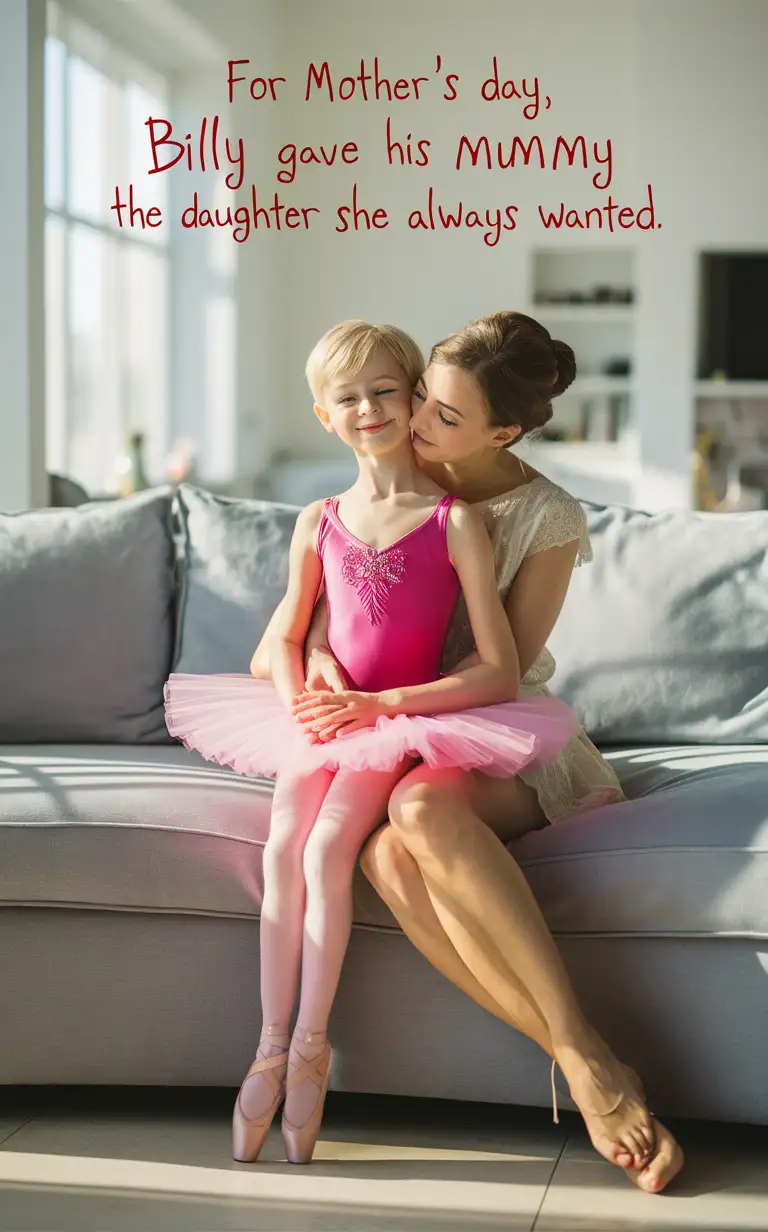 (((Gender role-reversal))), Photograph of a mother and her thin young son, a cute small boy age 7 with a cute face and little legs, they are sitting together on a large sofa in a bright living room, the mother is giving her boy a hug, she has turned him into a sweet little boy by dressing him in a bright pink ballerina leotard and tutu dress and tights, the sweet boy is smiling calmly with dimples, adorable, perfect children faces, perfect faces, clear faces, perfect eyes, perfect noses, smooth skin, the photograph is captioned “for Mother’s Day, Billy gave his mummy the daughter she always wanted.”