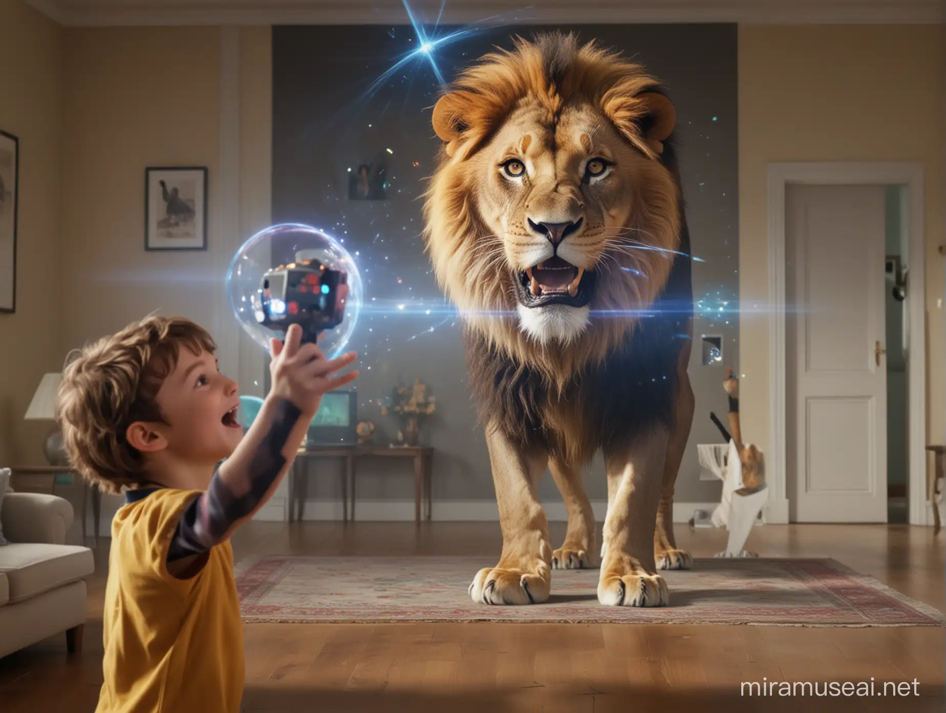 на заднем фоне ребенок держит в руках джойстик и радуется, на переднем плане голограмма льва, действия происходят дома 
