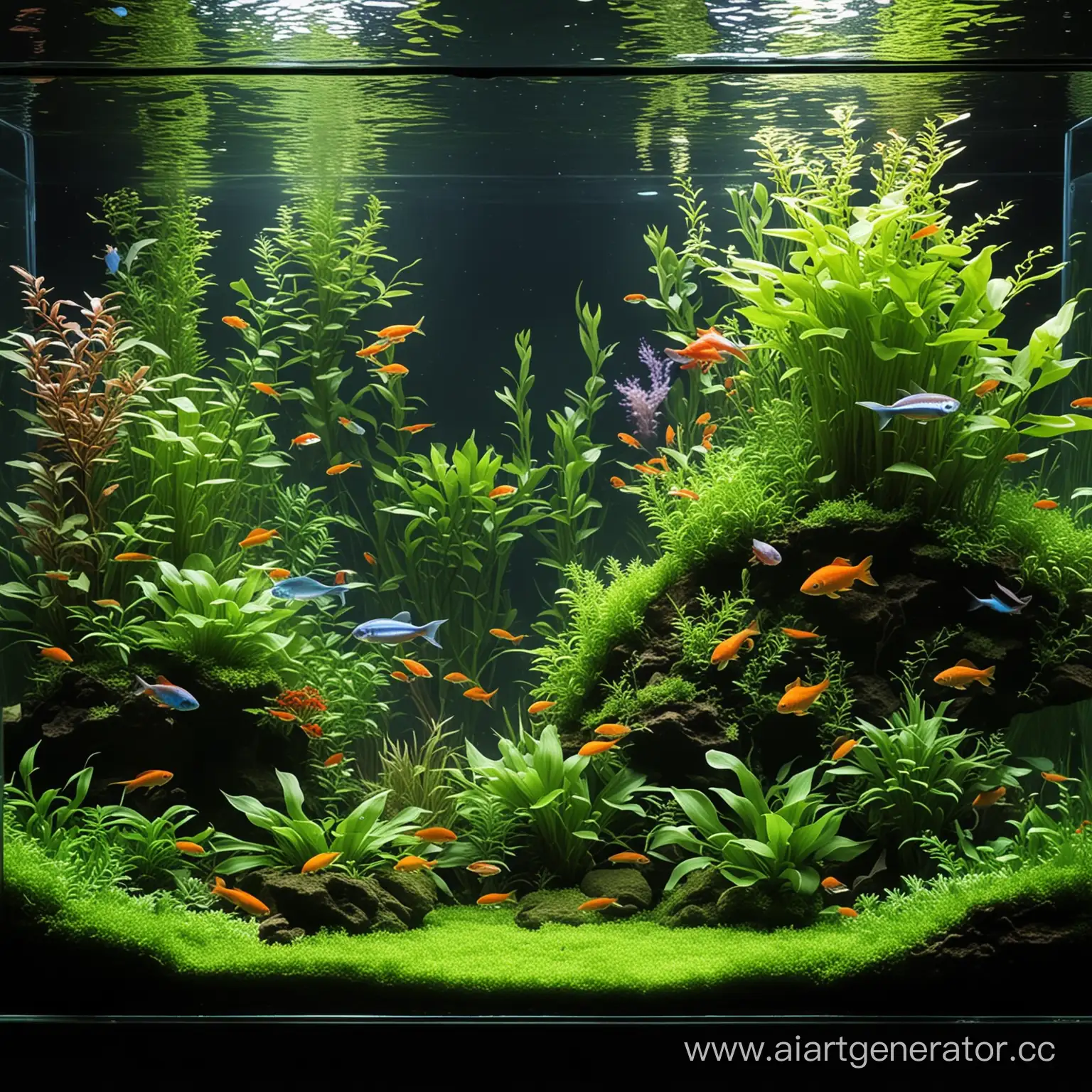 Аквариум с живыми растениями и яркими рыьками дизайн акваскейп