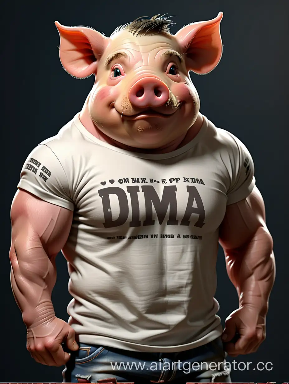 Мускулистая свинья в футболке с надписью Дима