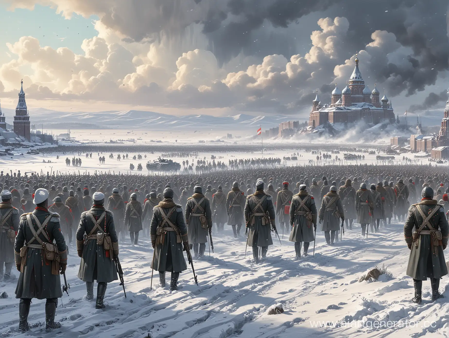 нарисуй Российскую империю в будующем на поле боя против другой страны, на картинеке изображен снег и толпы людей в военной форме